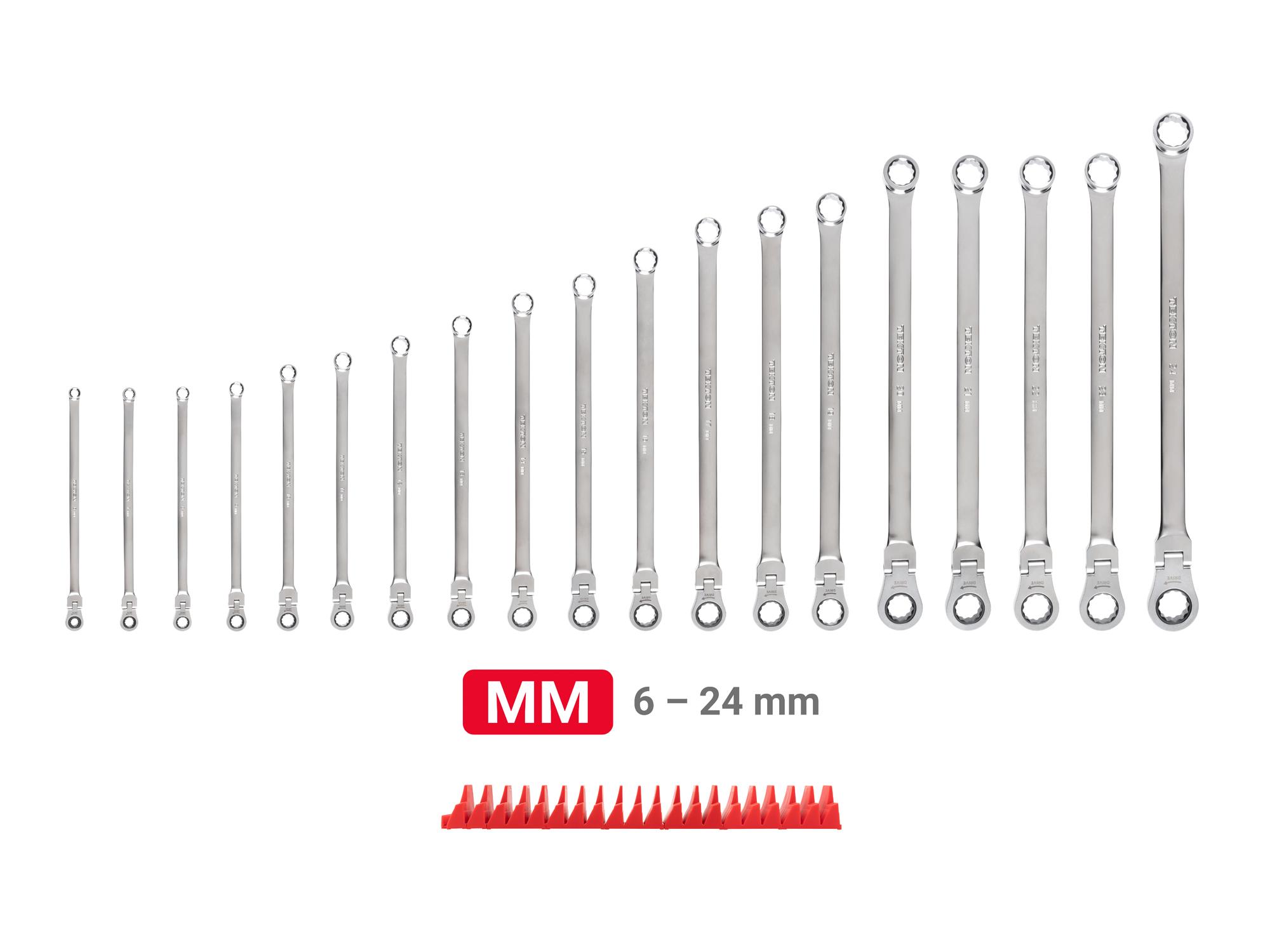 Laid out contents of Tekton modular ratcheting box end wrench set. Item #WRB95304