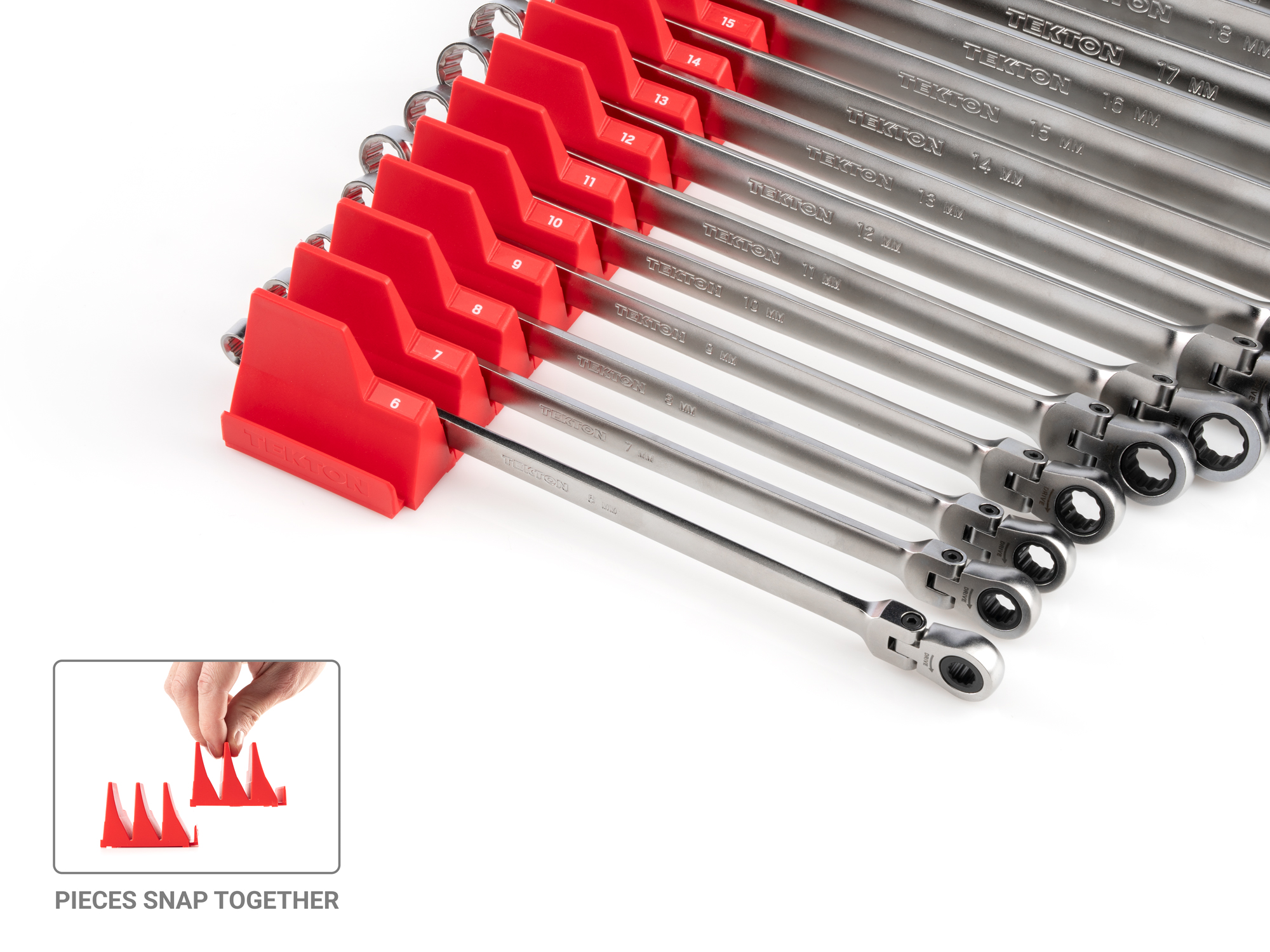 TEKTON Long Fixed/Flex Head 12-Point Ratcheting Box End Wrench Set with Modular Organizers, 19-Piece (6-24 mm)