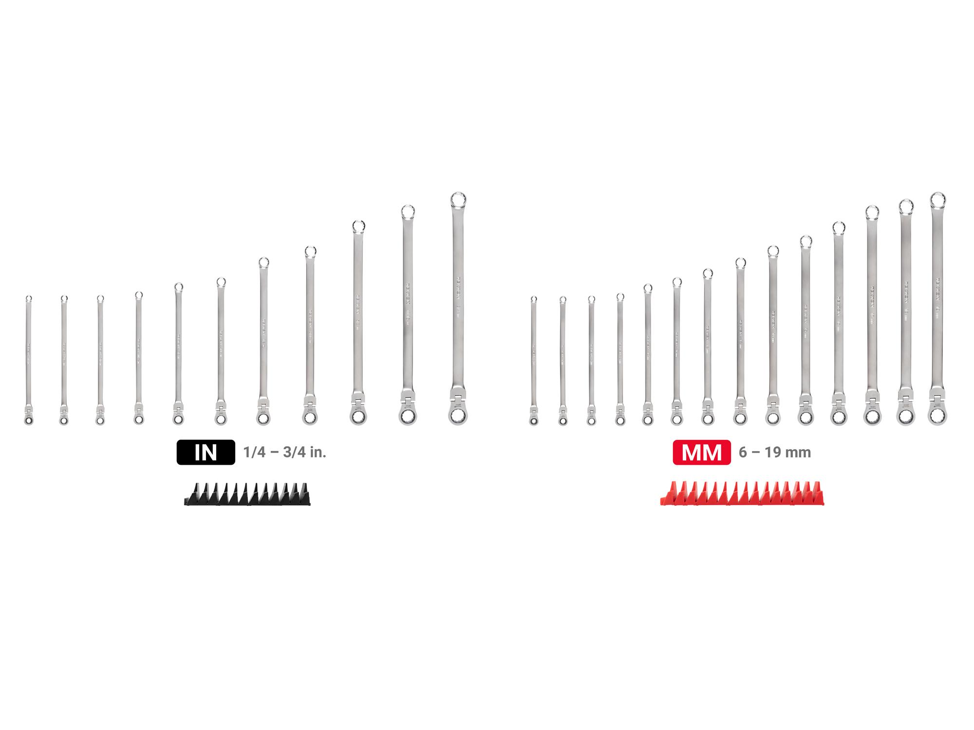 Laid out contents of Tekton modular ratcheting box end wrench set. Item #WRB95305