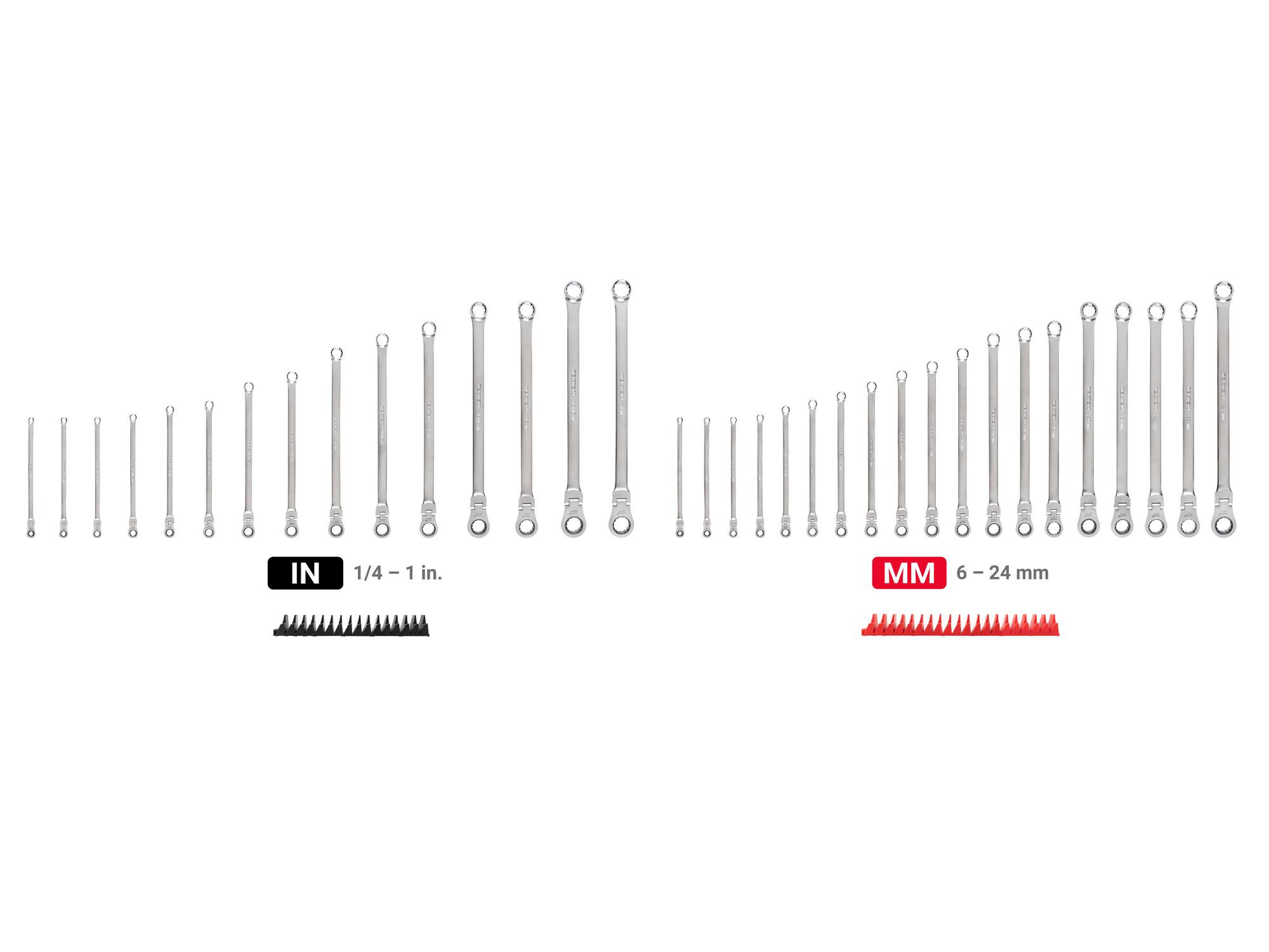 Laid out contents of Tekton modular ratcheting box end wrench set. Item #WRB95306