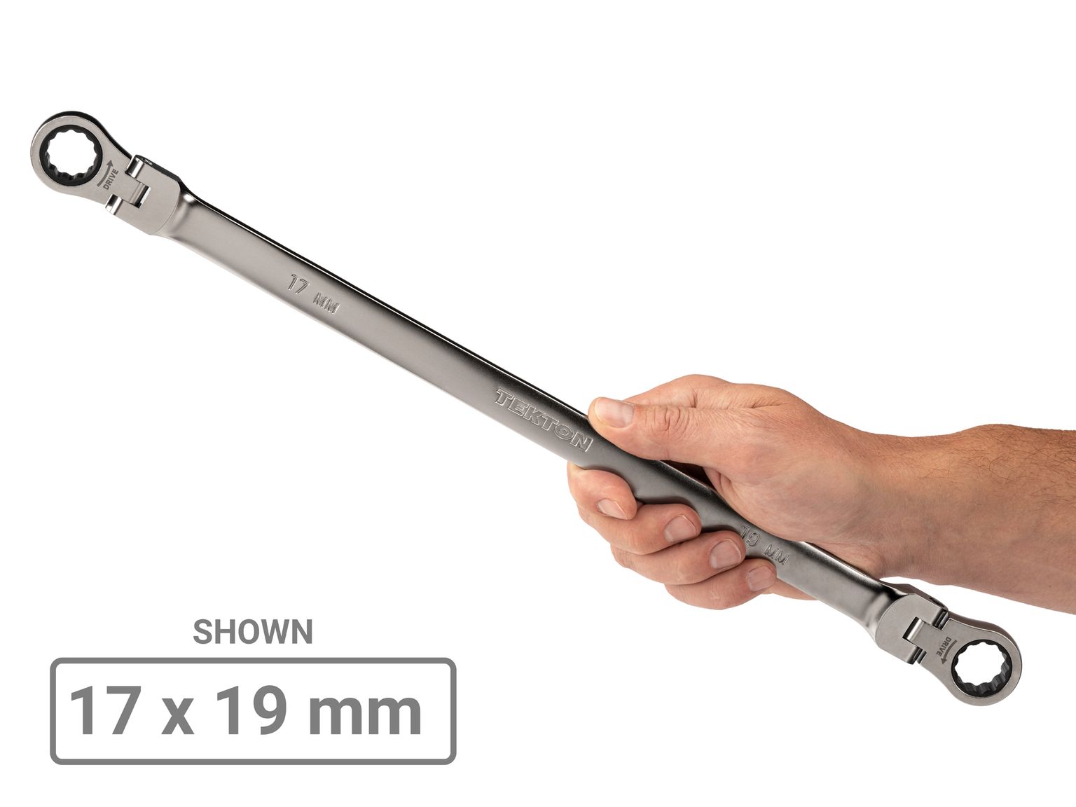 Person holding Tekton 17 x 19 millimeterratcheting box end wrench. Item #WRB36417