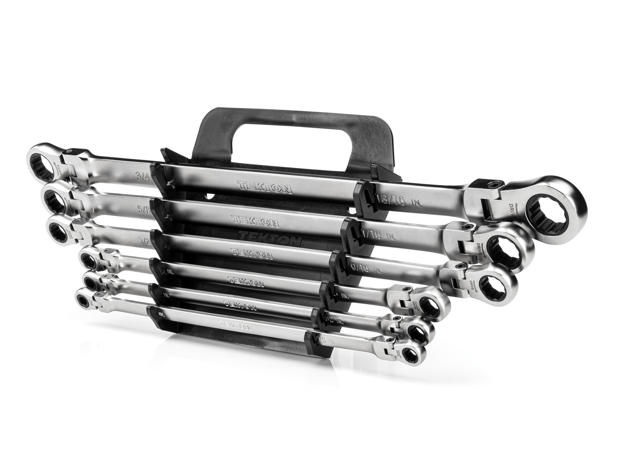 Set Includes 1/4 - 13/16 inch (SAE) long flex head 12-point ratcheting double box end wrenches with holder organizer. No skipped sizes. WRB96200.