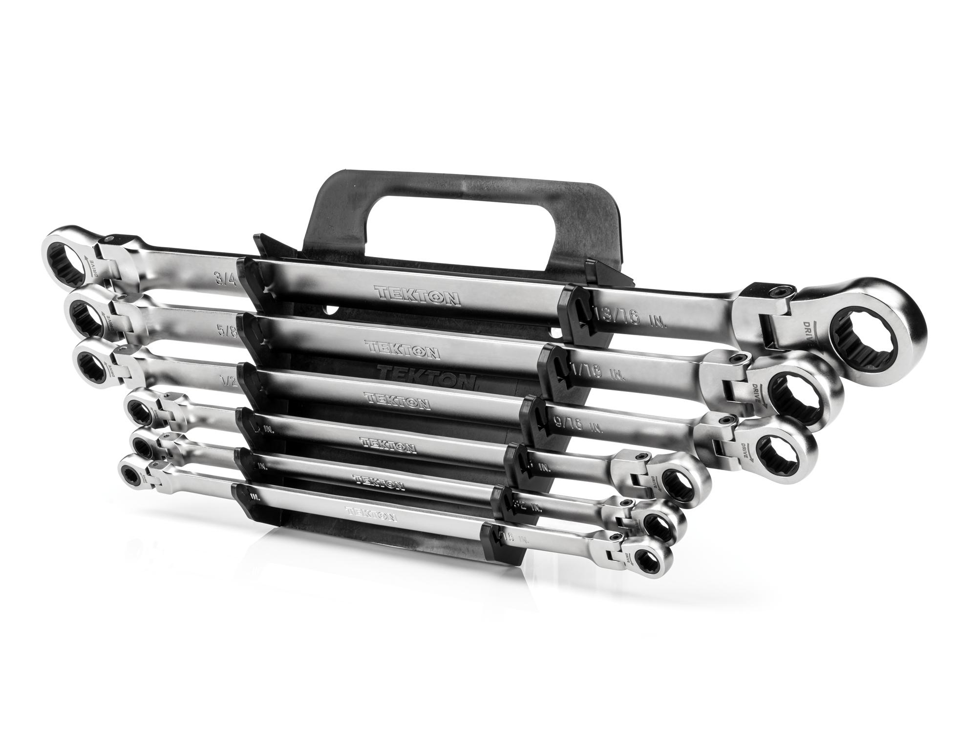 Front-right angle view of Tekton holder ratcheting box end wrench set. Item #WRB96200
