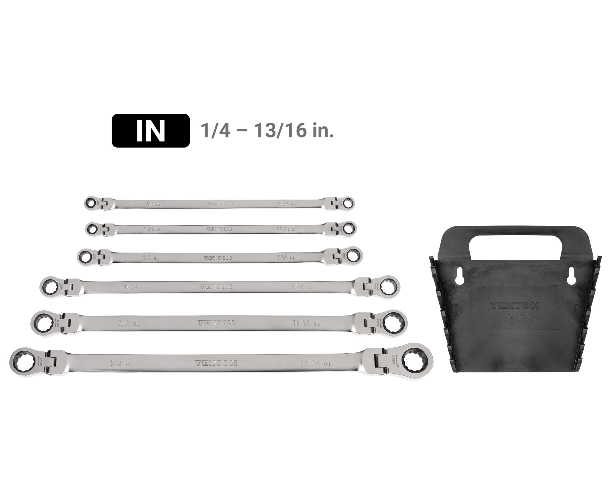 Set Includes 1/4 - 13/16 inch (SAE) long flex head 12-point ratcheting double box end wrenches with holder organizer. No skipped sizes. WRB96200.