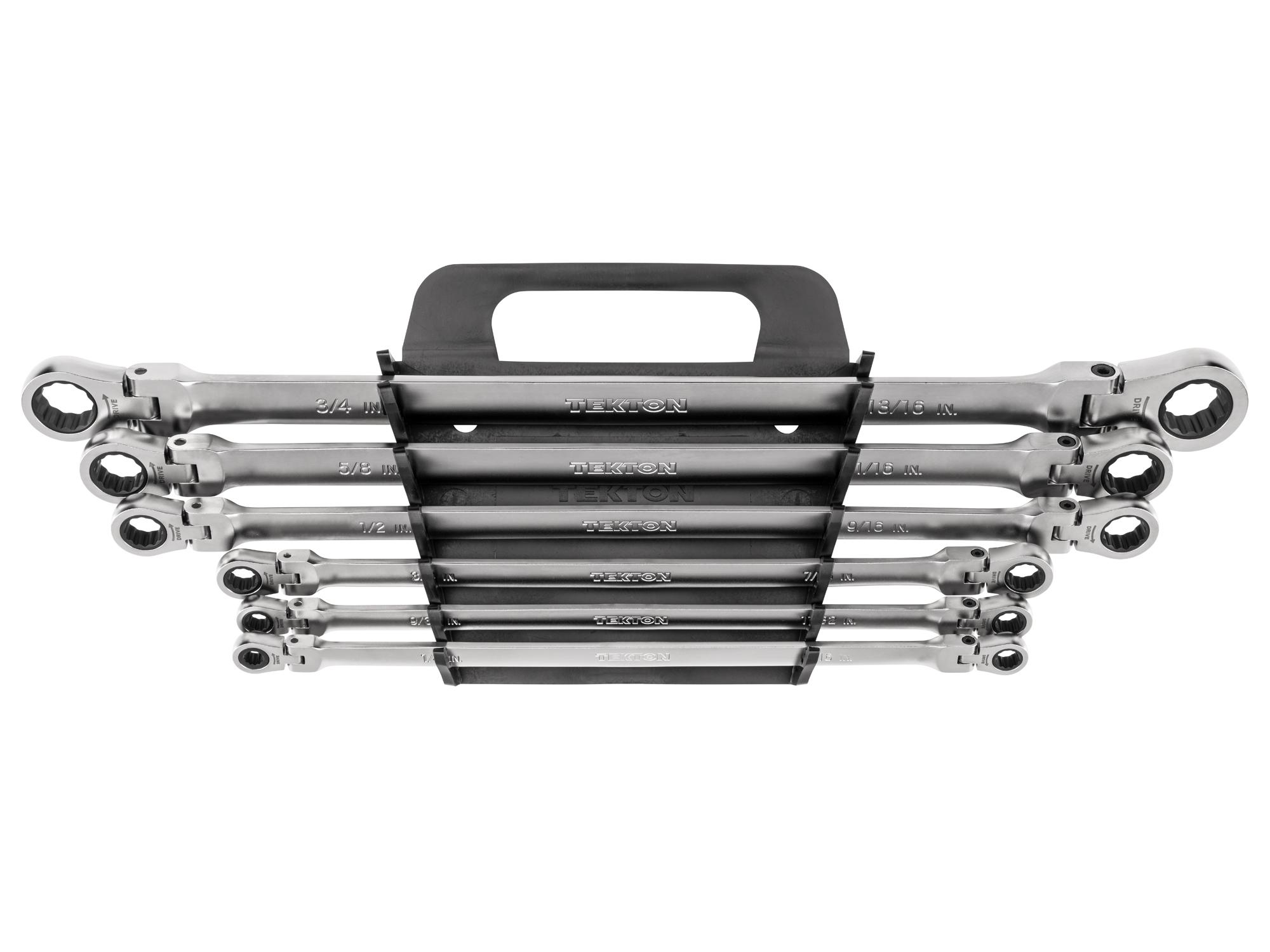 Front view of Tekton holder ratcheting box end wrench set. Item #WRB96200