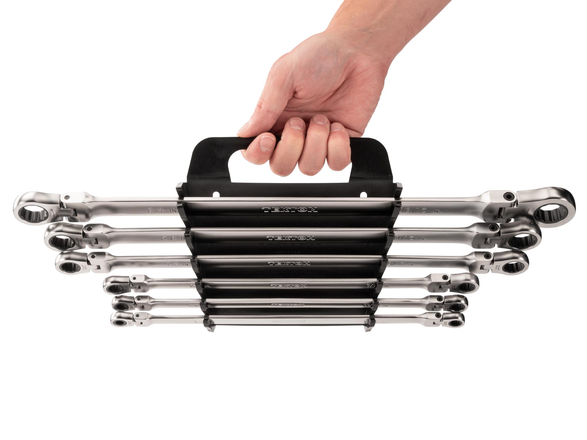 Person holding Tekton holder ratcheting box end wrench set. Item #WRB96200