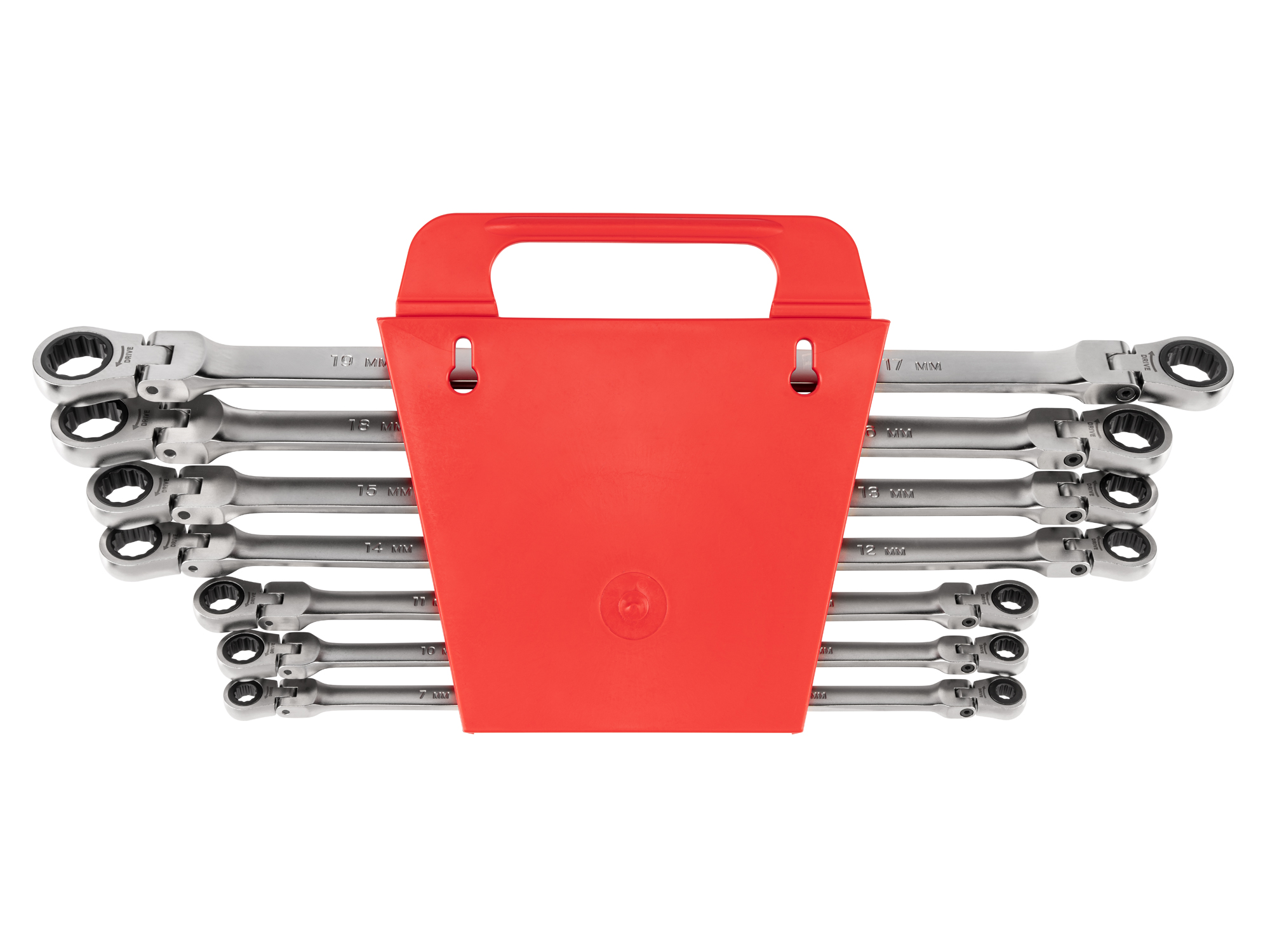 Set Includes 6 - 19 mm (metric) long flex head 12-point ratcheting double box end wrenches with holder organizer. No skipped sizes. WRB96201.