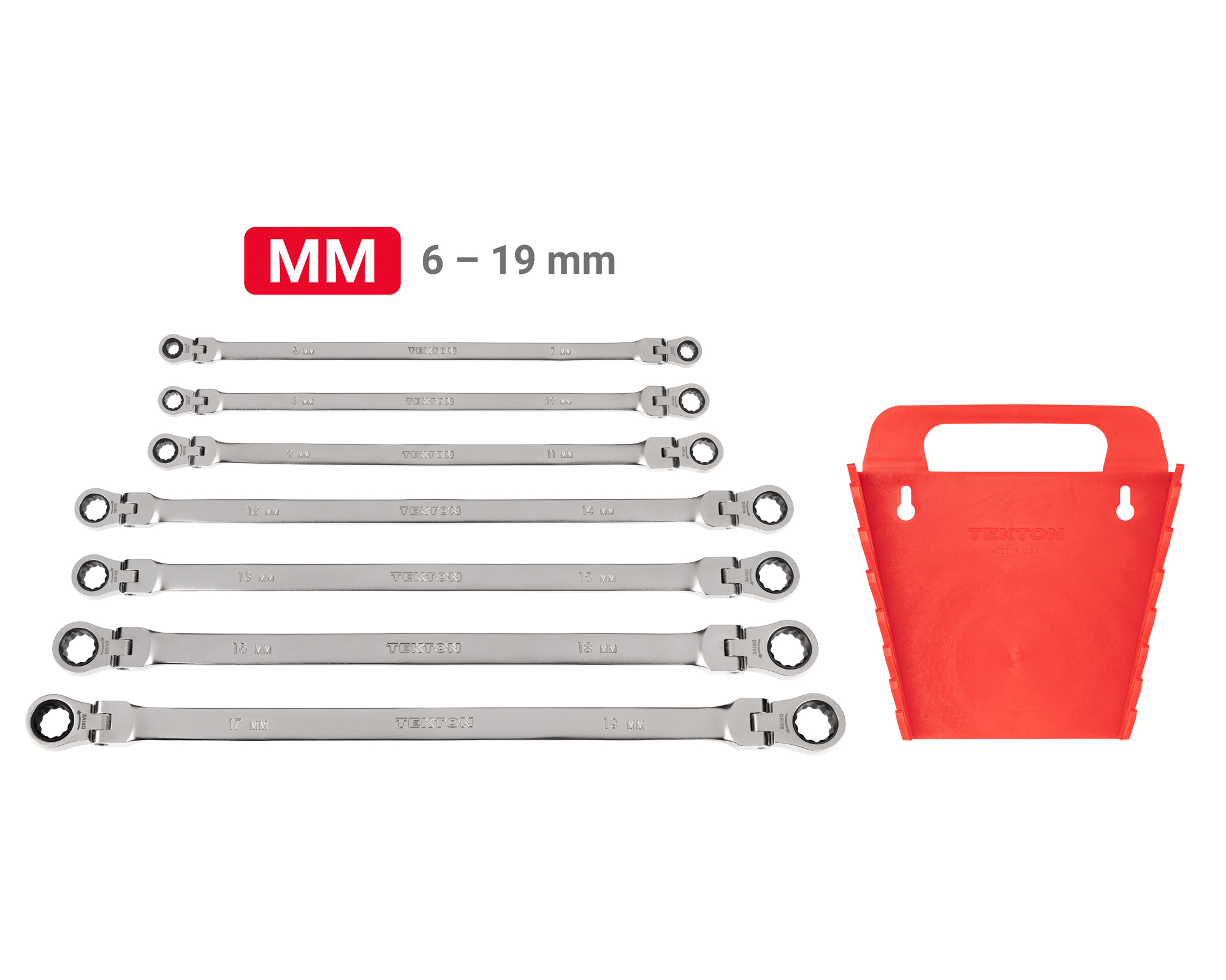 Set Includes 6 - 19 mm (metric) long flex head 12-point ratcheting double box end wrenches with holder organizer. No skipped sizes. WRB96201.