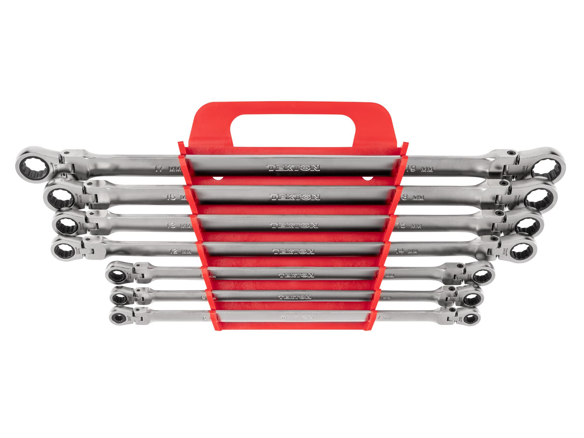 Front view of Tekton holder ratcheting box end wrench set. Item #WRB96201
