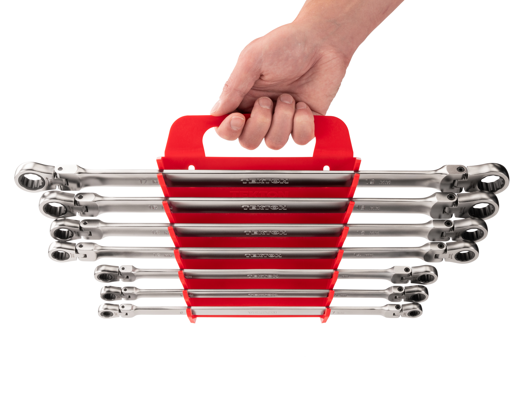 Person Holding 7-piece metric ratcheting box end wrench set in a red holder