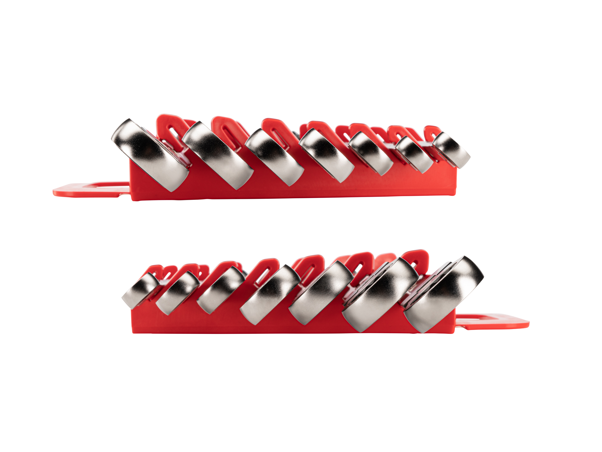 Left and right views of 7-piece metric ratcheting box end wrench set in a red holder