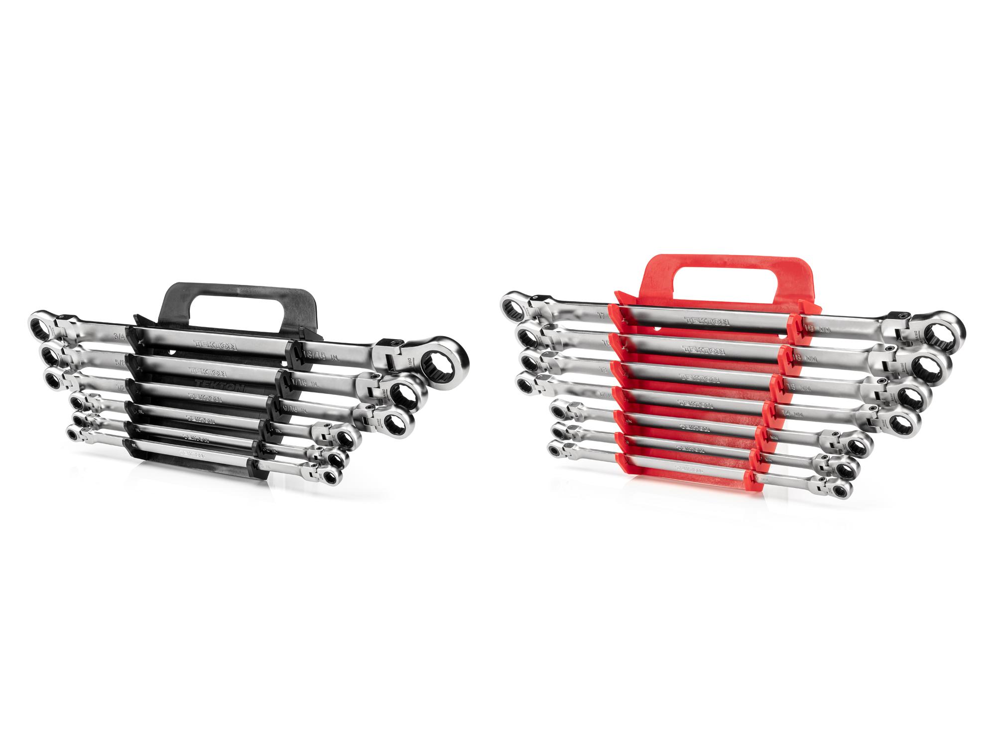 Front-right angle view of Tekton holder ratcheting box end wrench set. Item #WRB96202
