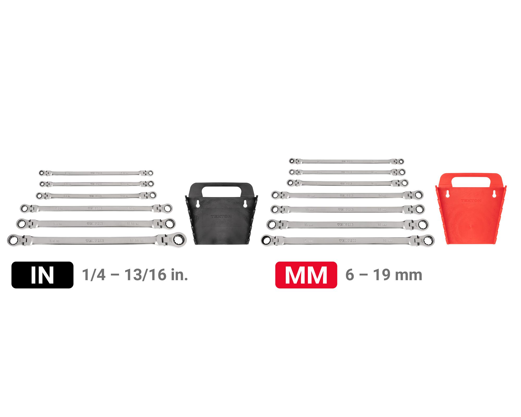 Laid out contents of Tekton holder ratcheting box end wrench set. Item #WRB96202