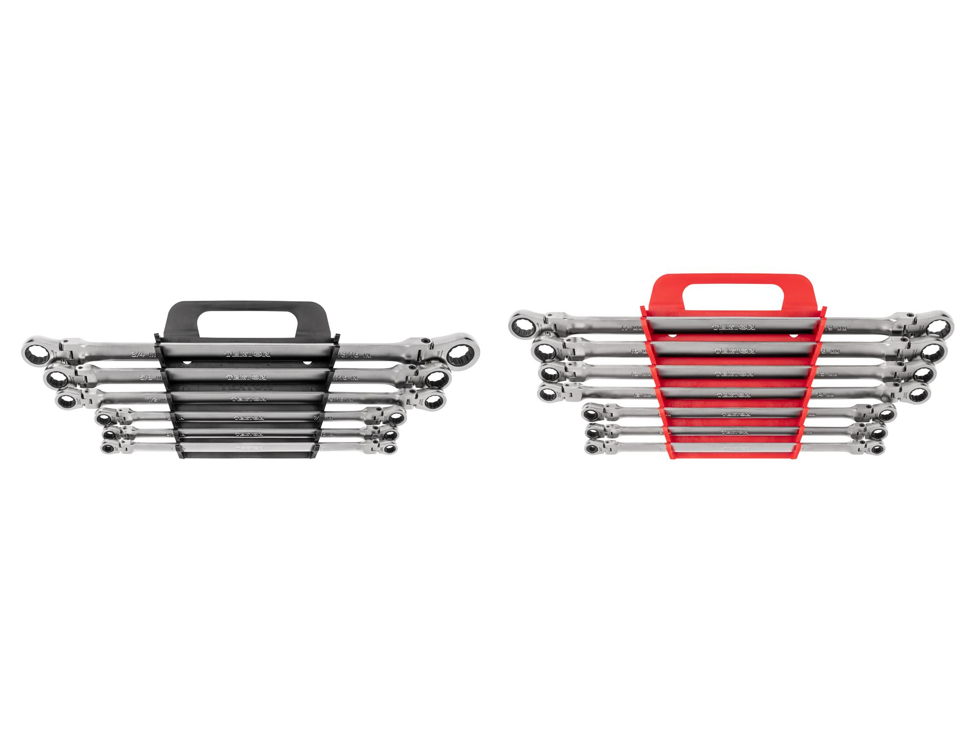 Front view of Tekton holder ratcheting box end wrench set. Item #WRB96202