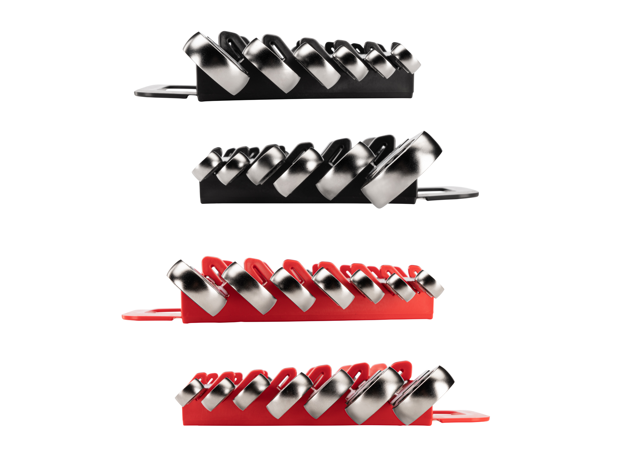 Left and right views of 13-piece inch-and-metric ratcheting box end wrench set in a black holder