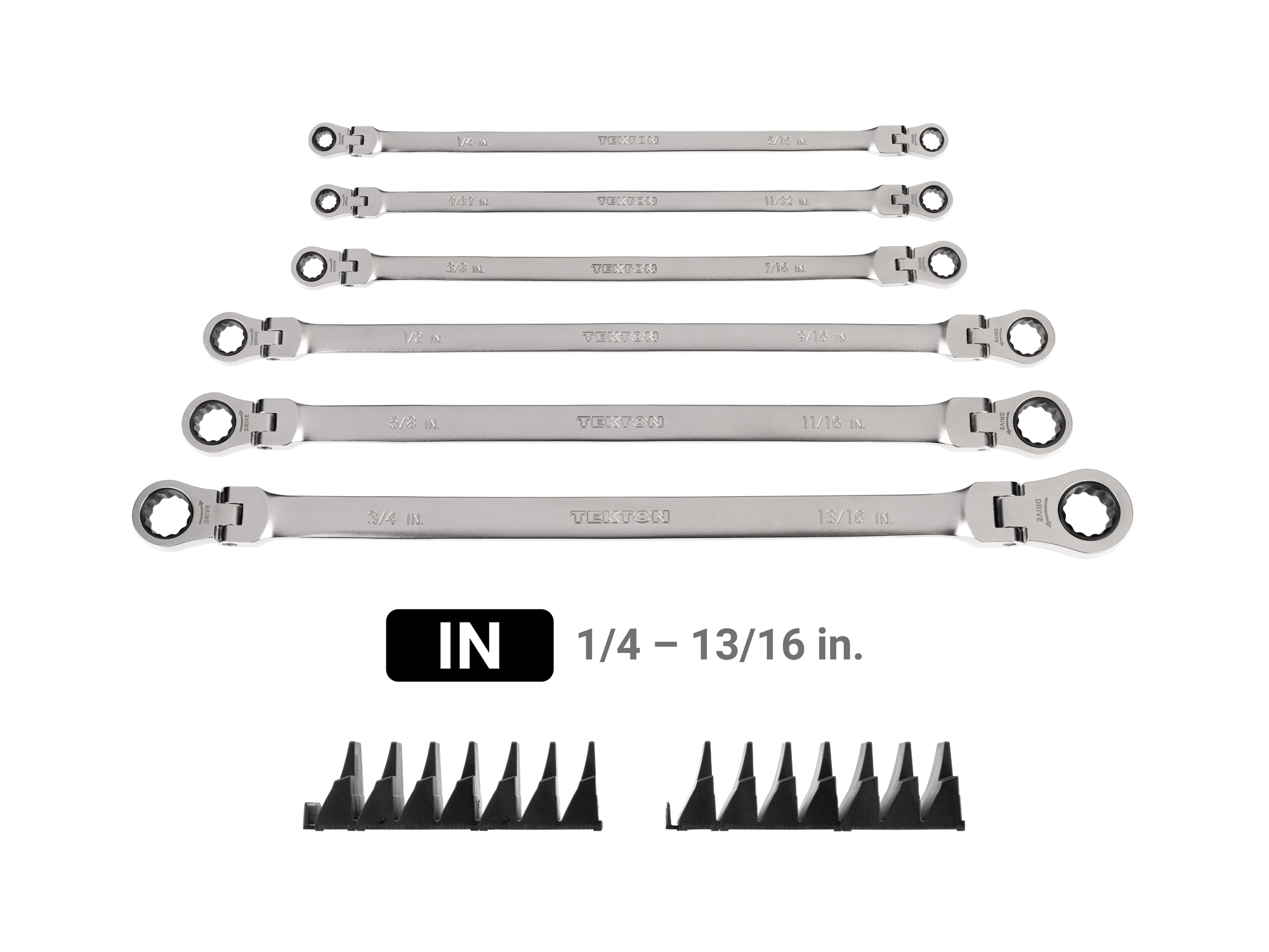 Set Includes 1/4 - 13/16 inch (SAE) long flex head 12-point ratcheting double box end wrenches with modular wrench organizer. No skipped sizes. WRB96300.