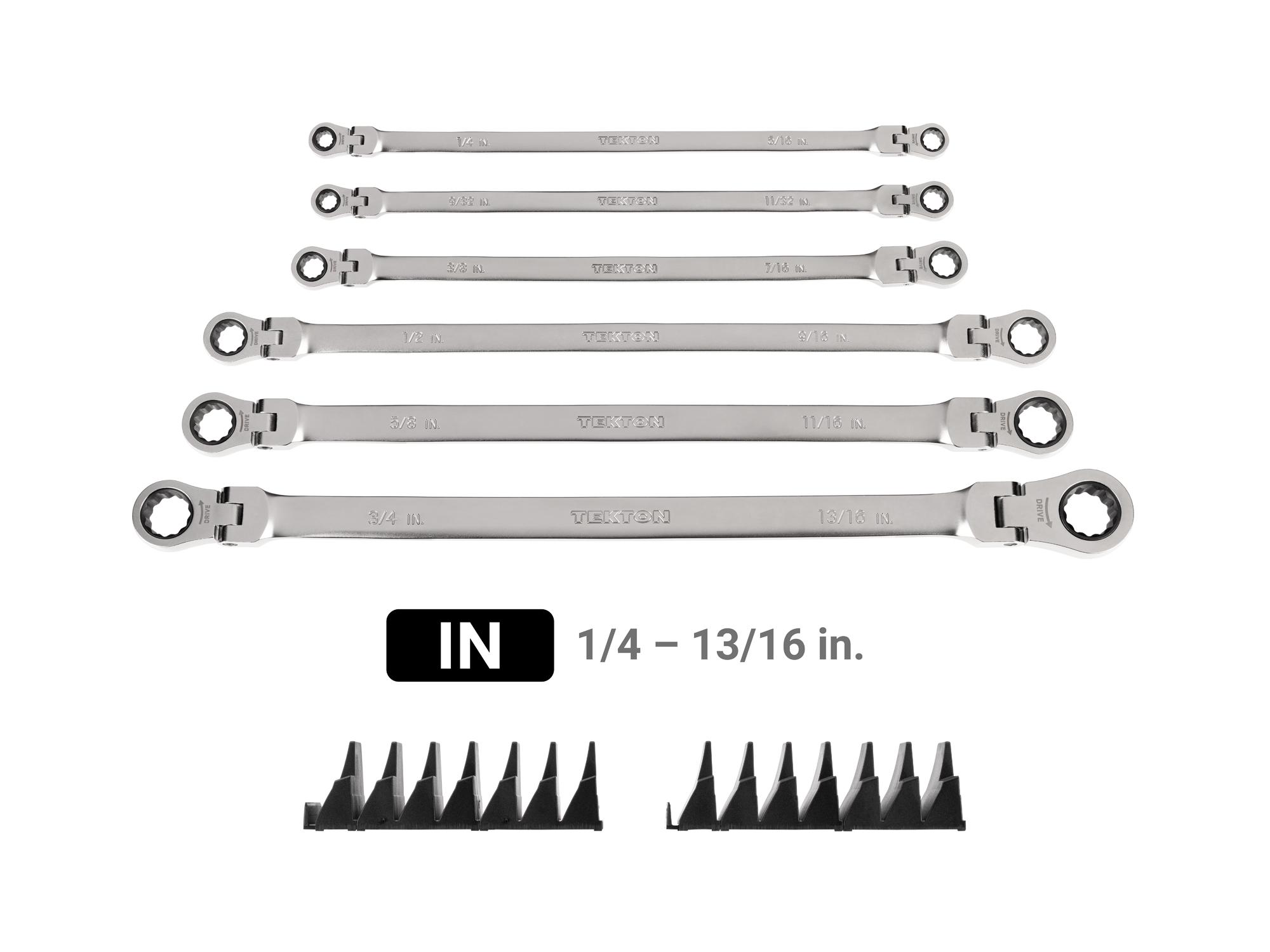 Laid out contents of Tekton modular ratcheting box end wrench set. Item #WRB96300