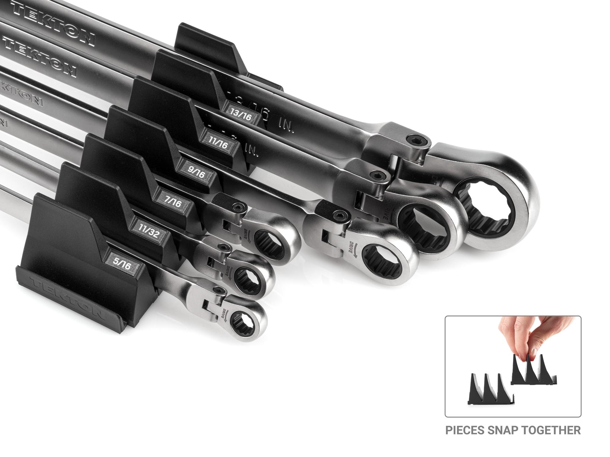 Tekton ratcheting box end wrench set shown in a modular slotted organization option. Item #WRB96300