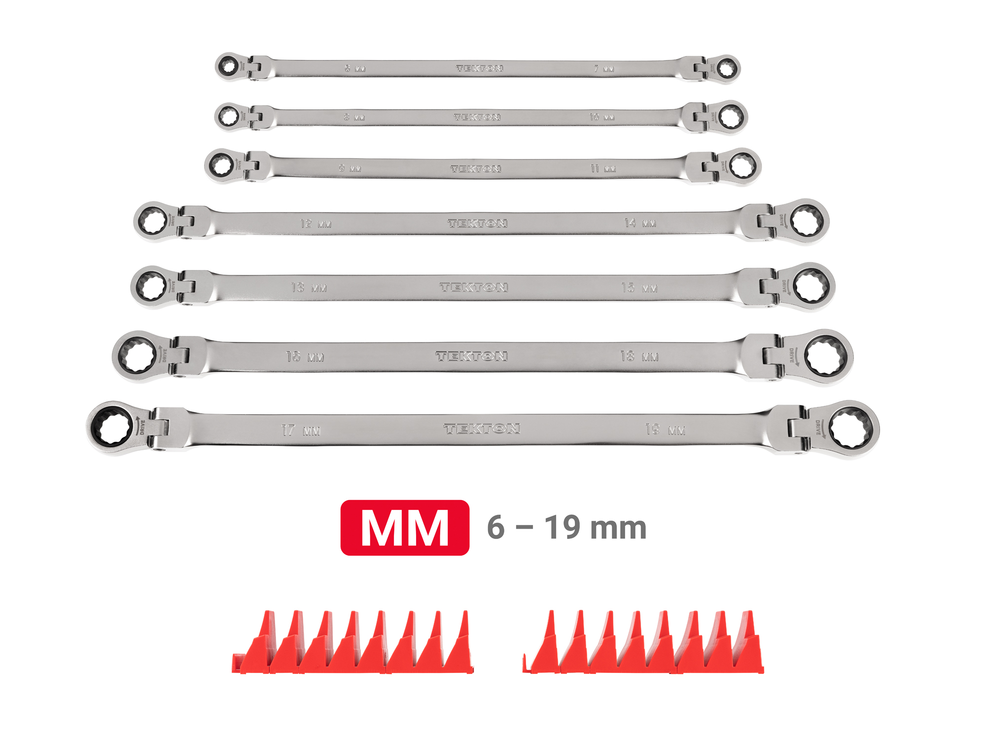 Set Includes 6 - 19 mm (metric) long flex head 12-point ratcheting double box end wrenches with modular wrench organizer. No skipped sizes. WRB96301.