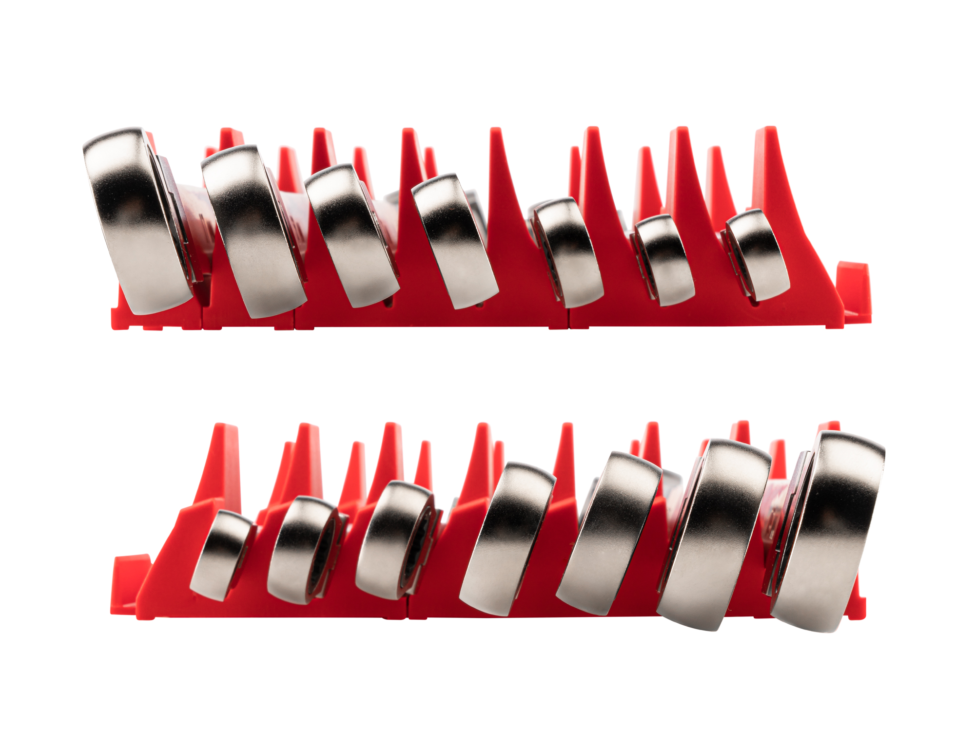 Left and right views of 7-piece metric ratcheting box end wrench set in a red modular