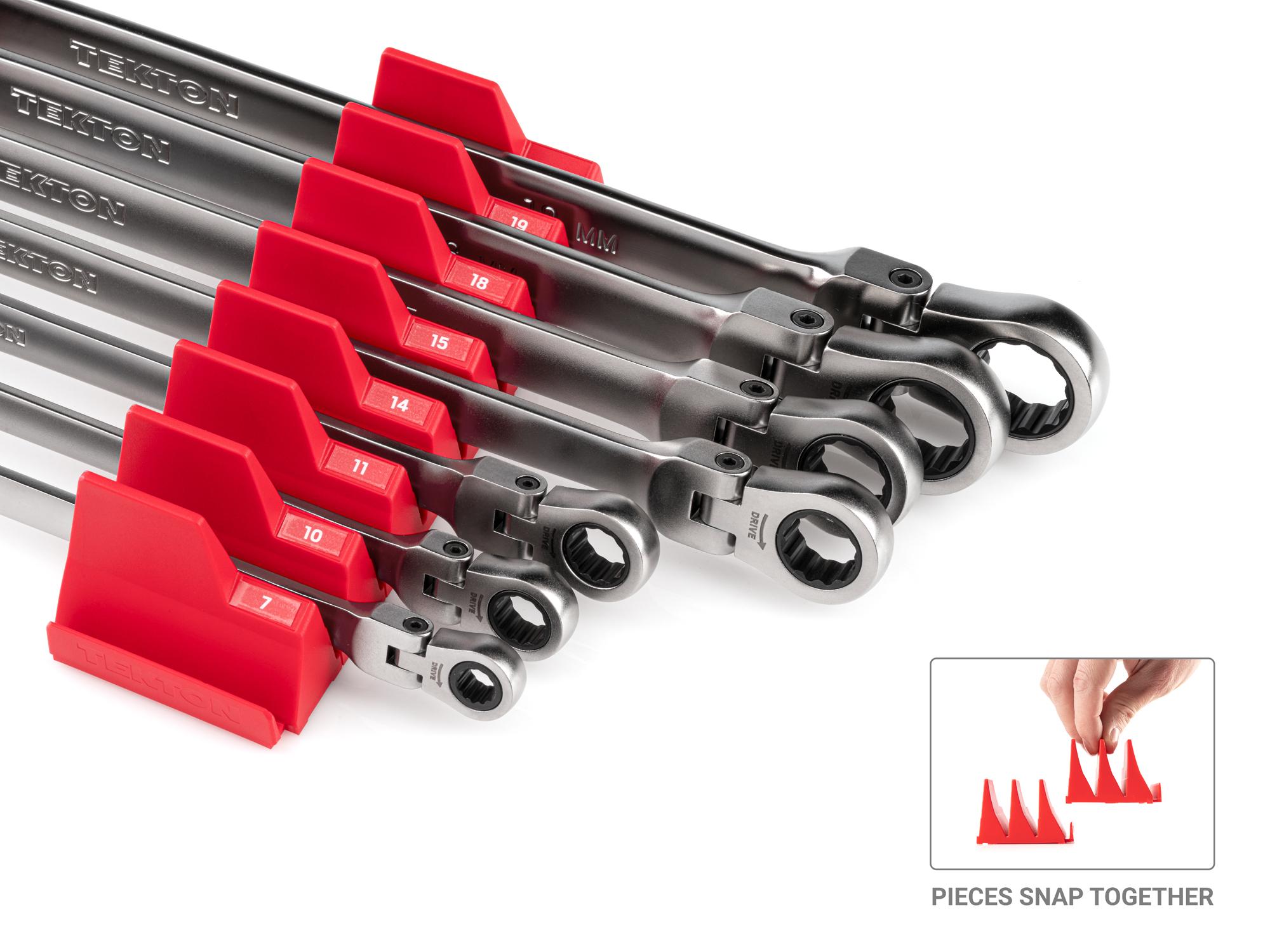 Tekton ratcheting box end wrench set shown in a modular slotted organization option. Item #WRB96301