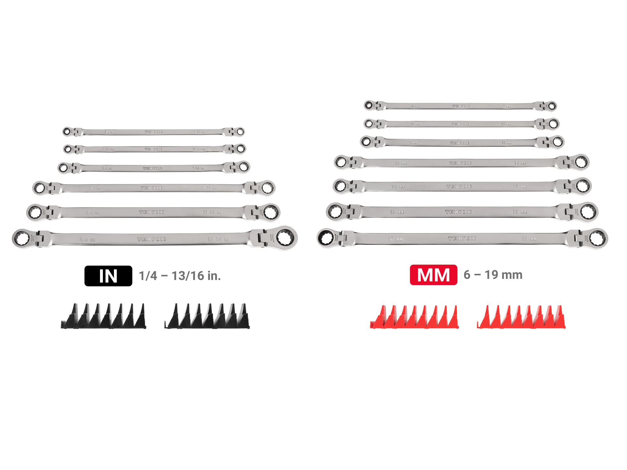 Set Includes 1/4 - 13/16 inch (SAE), 6 - 19 mm (metric) long flex head 12-point ratcheting double box end wrenches with modular wrench organizer. No skipped sizes. WRB96302.