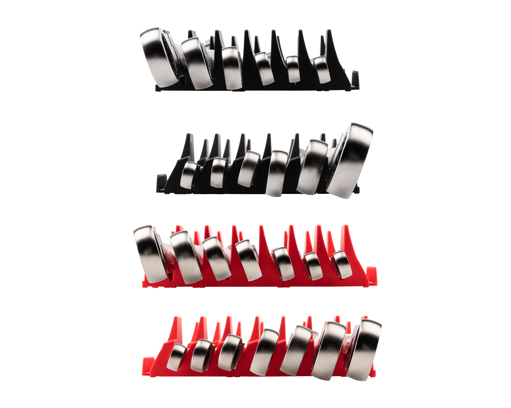 Left and right views of 13-piece inch-and-metric ratcheting box end wrench set in a black modular