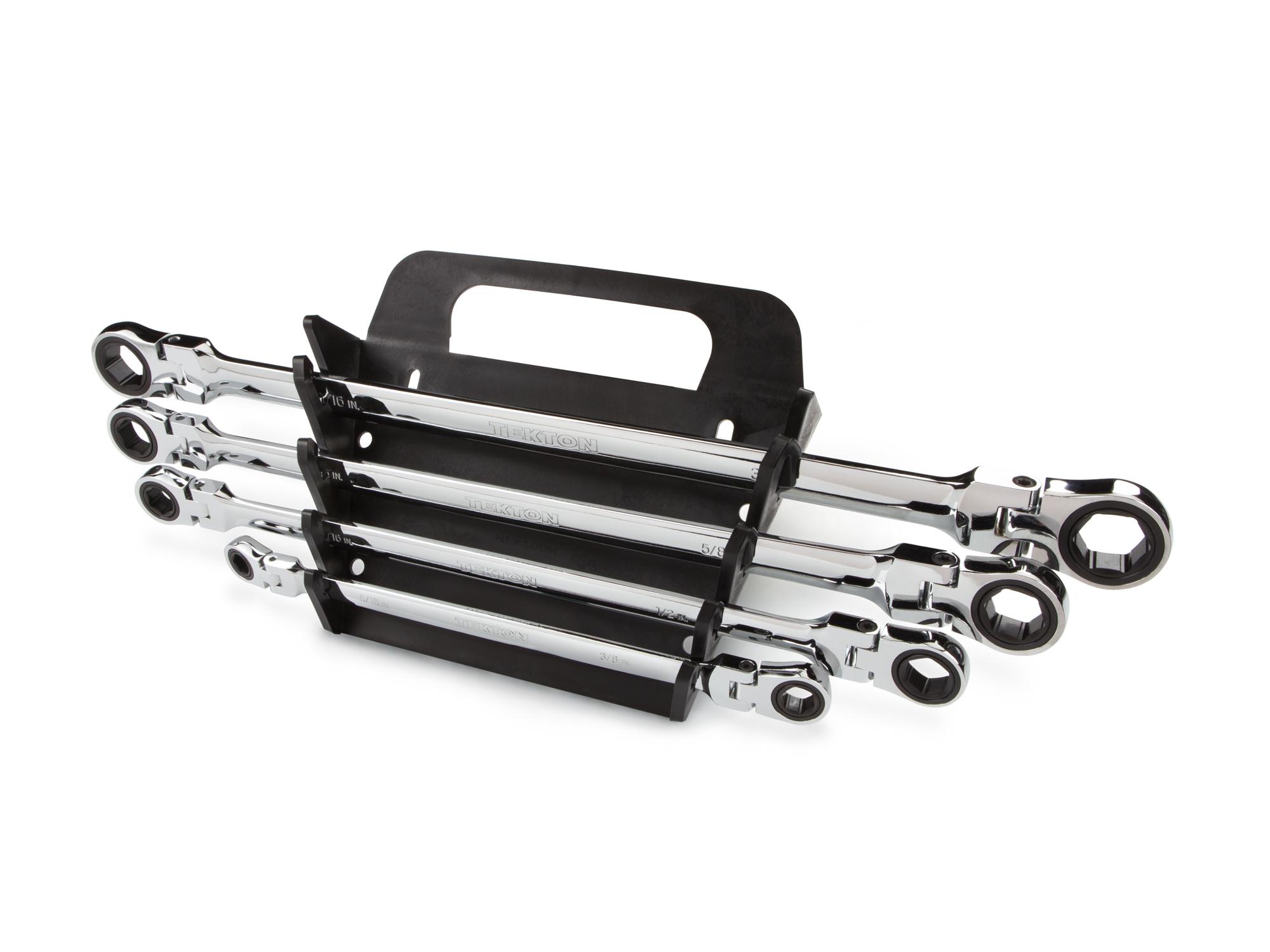 Front-right angle view of Tekton holder ratcheting box end wrench set. Item #WRN77062