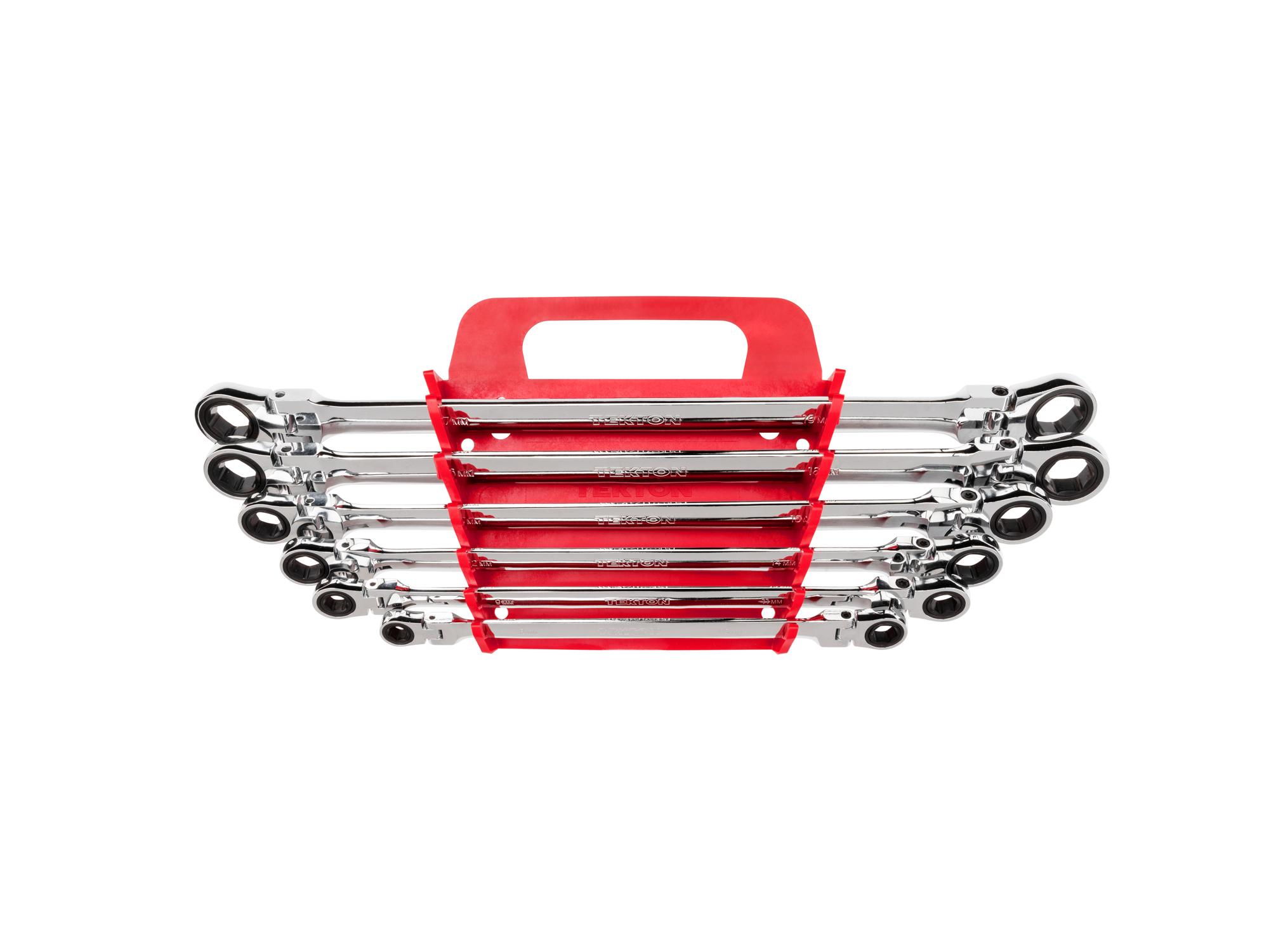 Front view of Tekton holder ratcheting box end wrench set. Item #WRN77164