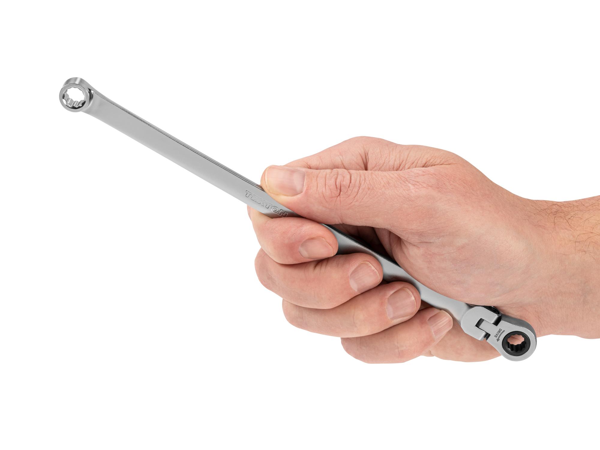 Person holding Tekton ratcheting box end wrench. Item #WRB35307