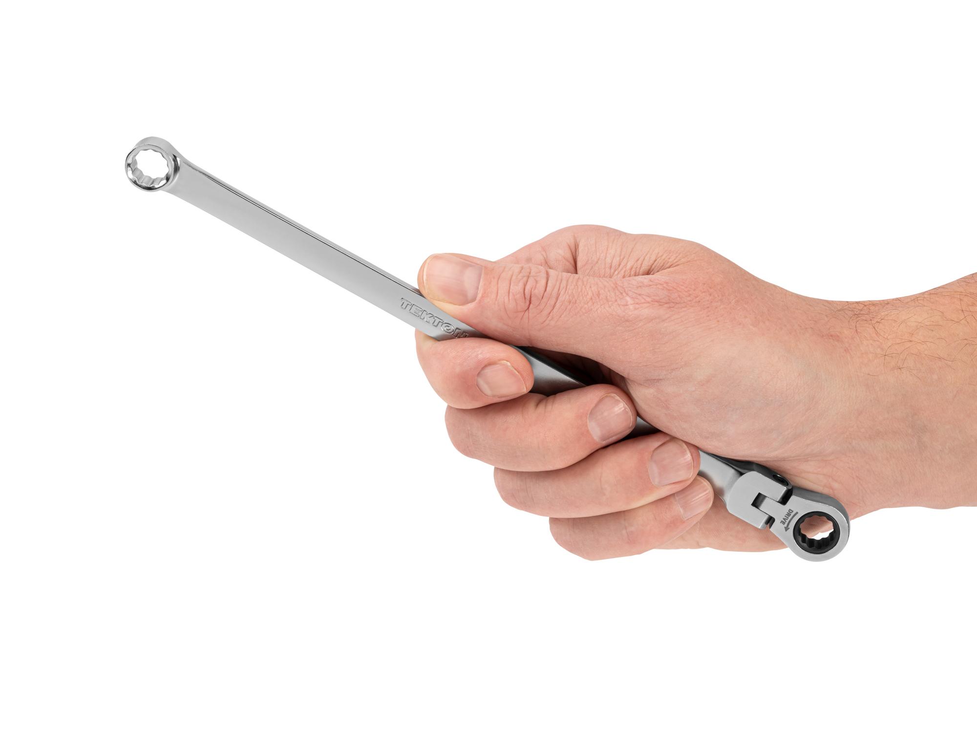 Person holding Tekton ratcheting box end wrench. Item #WRB35309