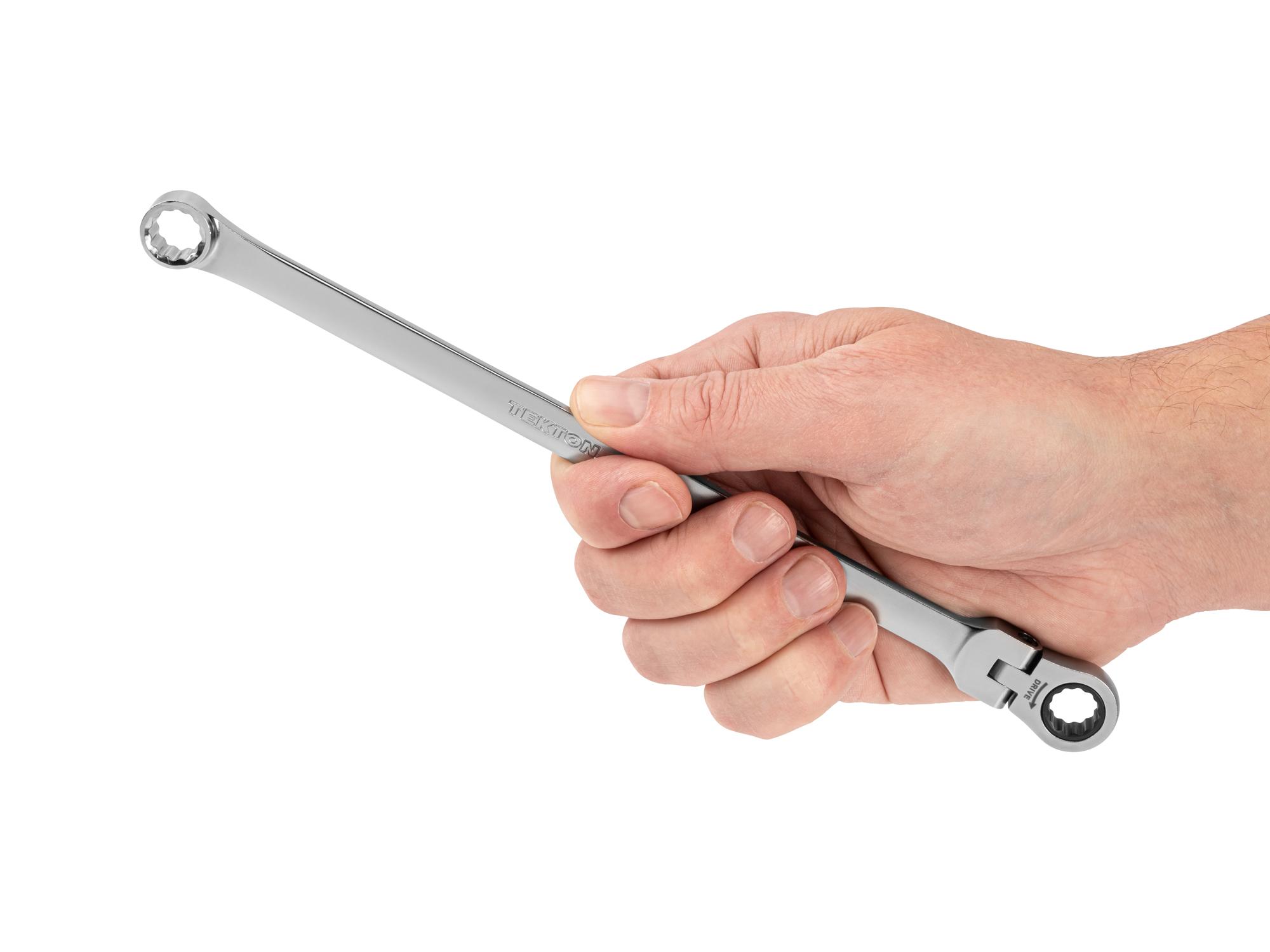 Person holding Tekton ratcheting box end wrench. Item #WRB35310
