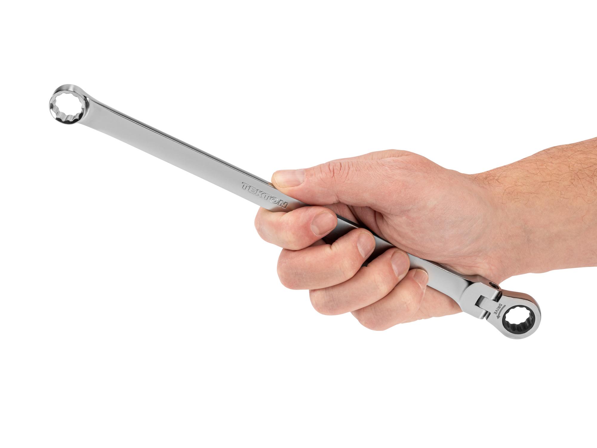 Person holding Tekton ratcheting box end wrench. Item #WRB35313
