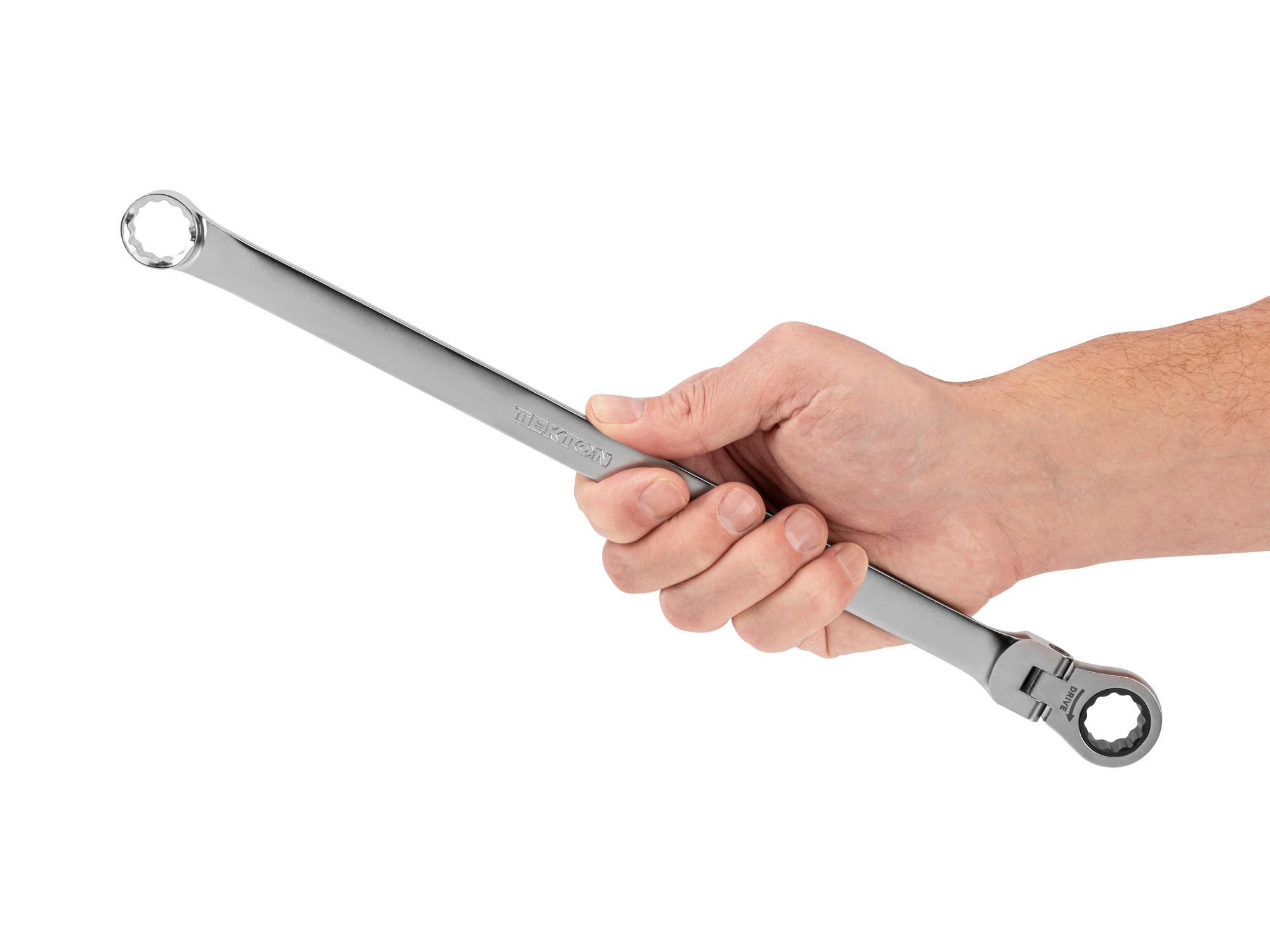 Person holding Tekton ratcheting box end wrench. Item #WRB35316