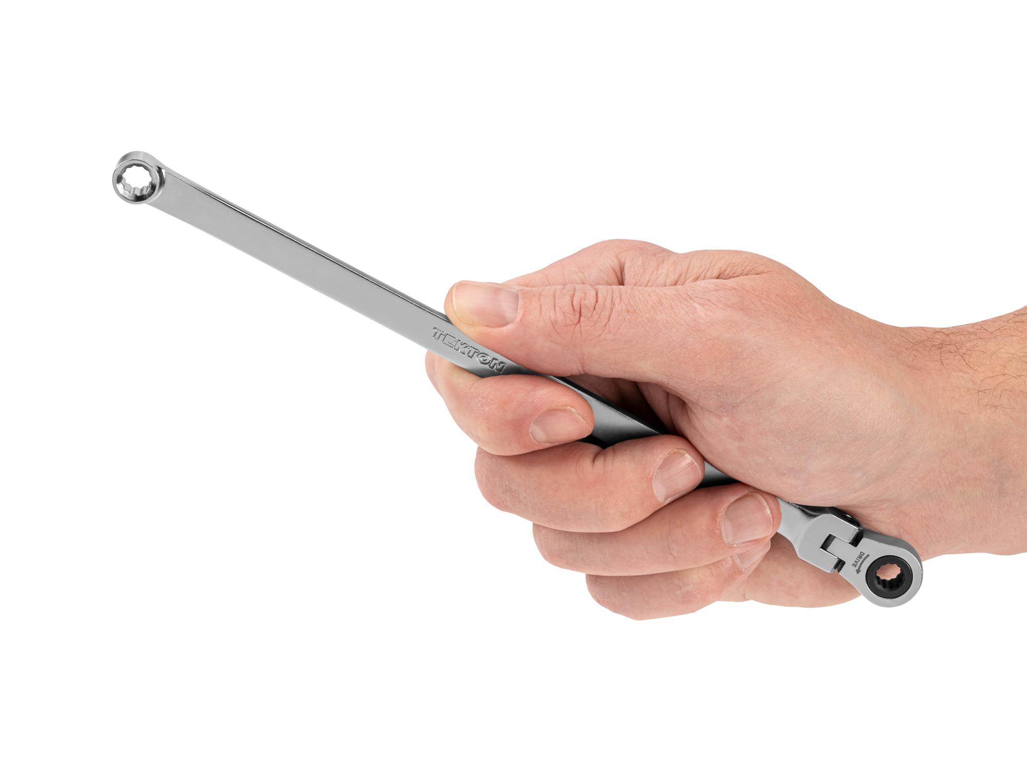 Person holding Tekton ratcheting box end wrench. Item #WRB35406