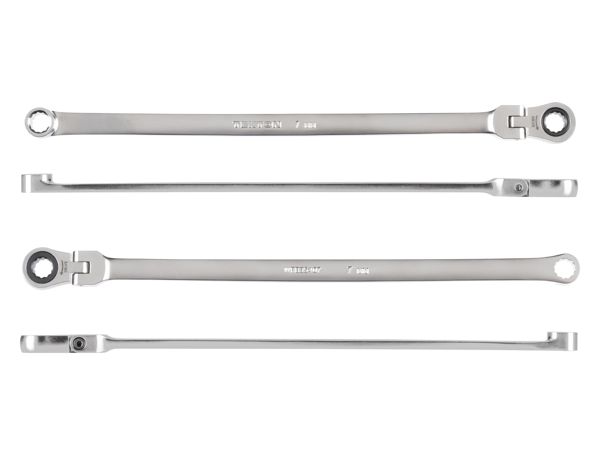 Side view of Tekton 7 millimeter ratcheting box end wrench set. Item #WRB35407