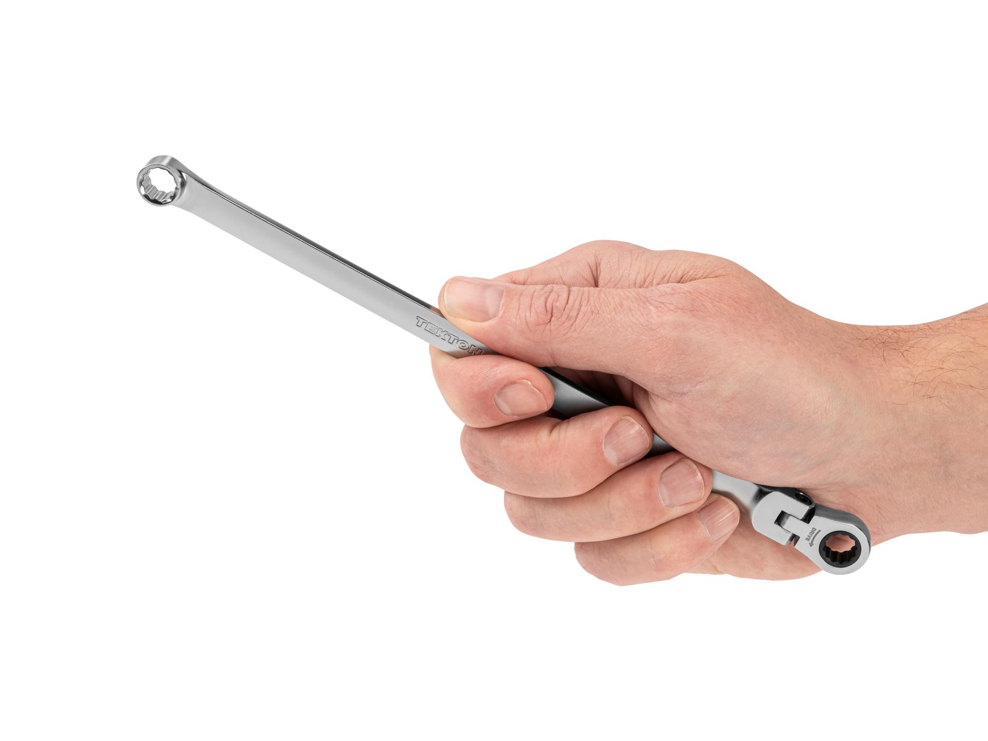 Person holding Tekton ratcheting box end wrench. Item #WRB35408
