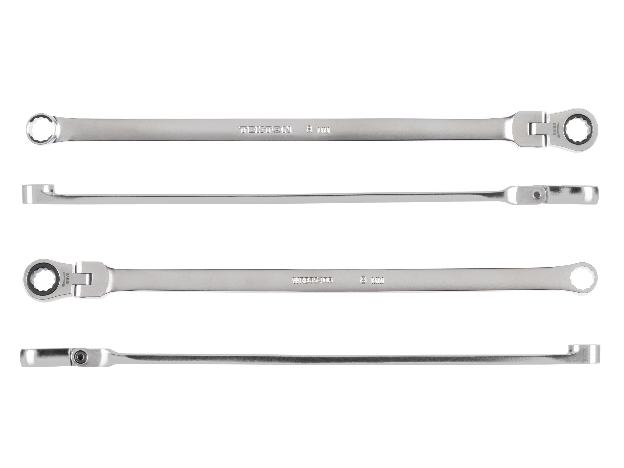 Side view of Tekton 8 millimeter ratcheting box end wrench set. Item #WRB35408