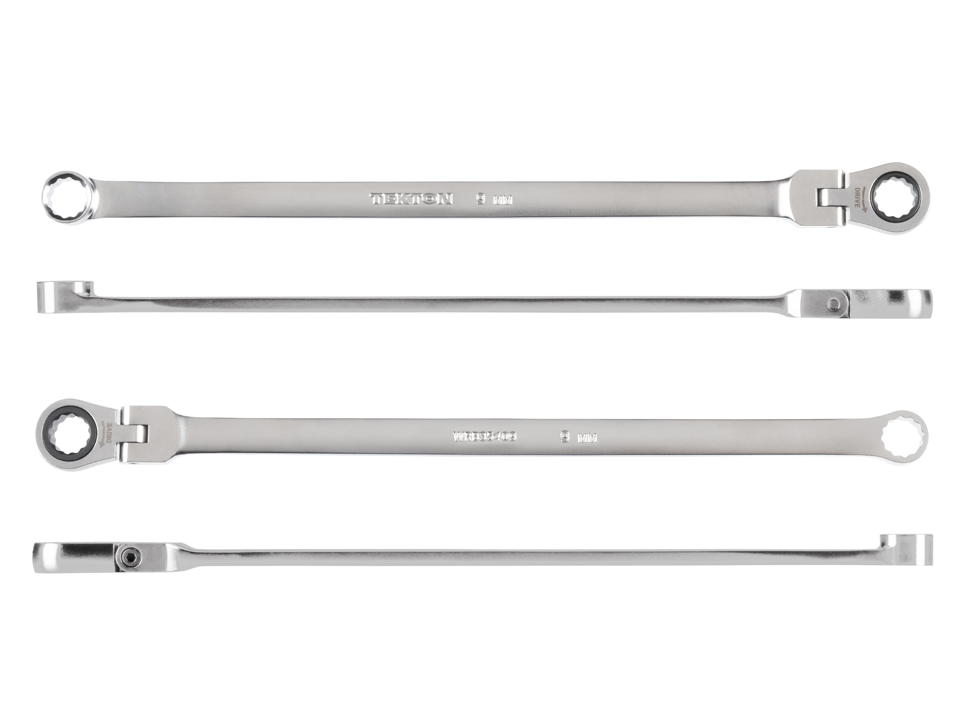 Side view of Tekton 9 millimeter ratcheting box end wrench set. Item #WRB35409