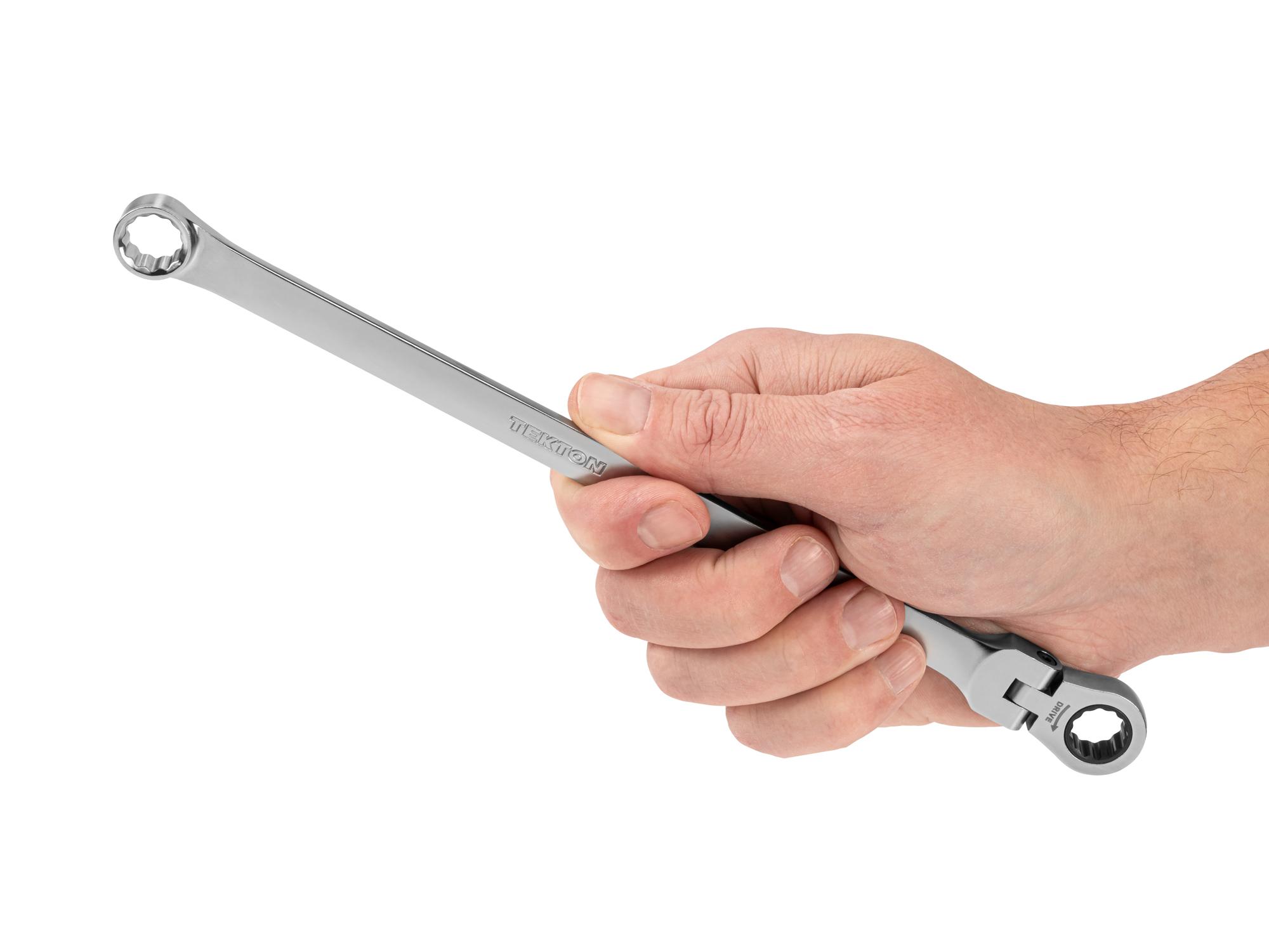 Person holding Tekton ratcheting box end wrench. Item #WRB35411