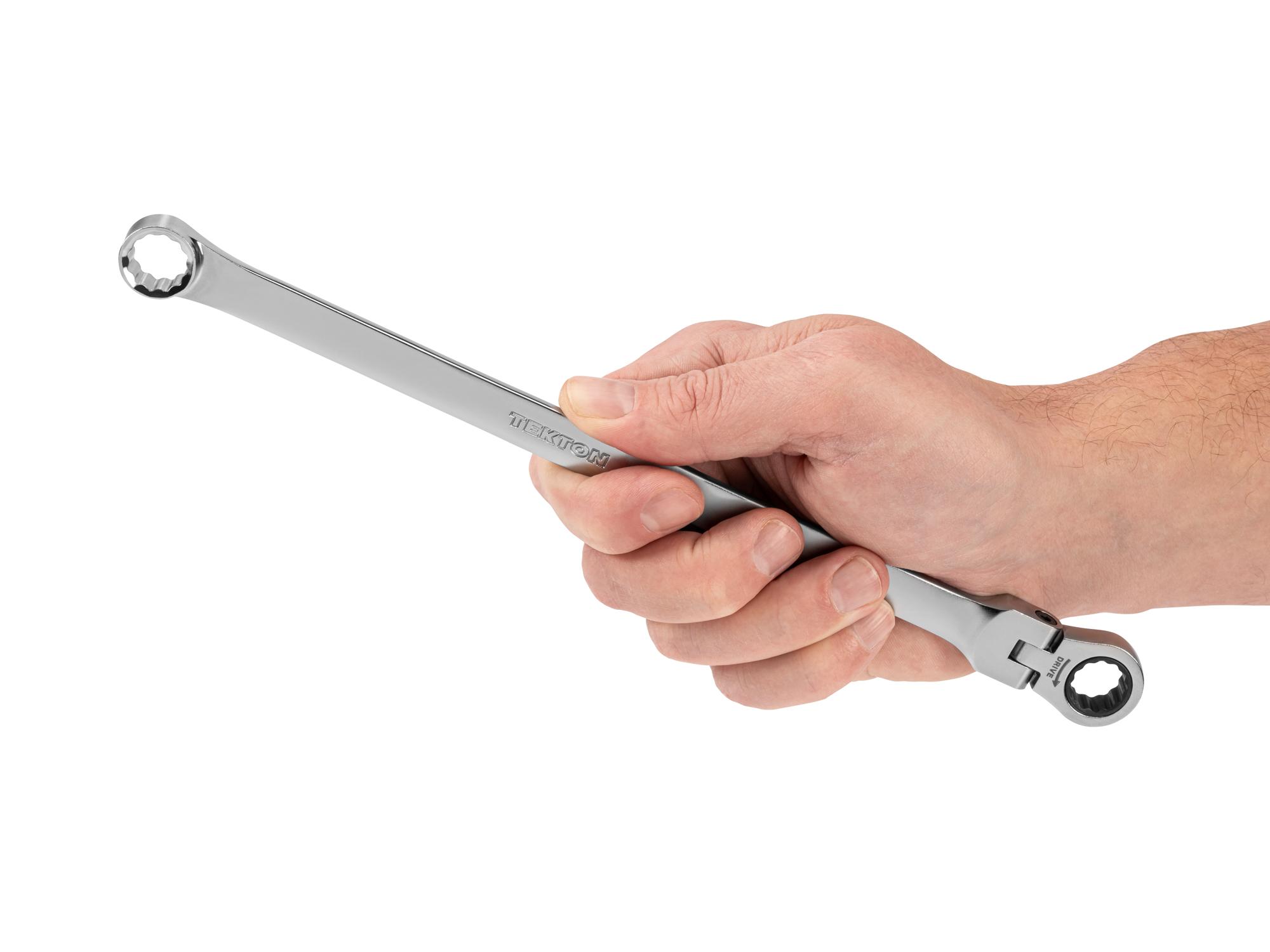 Person holding Tekton ratcheting box end wrench. Item #WRB35412