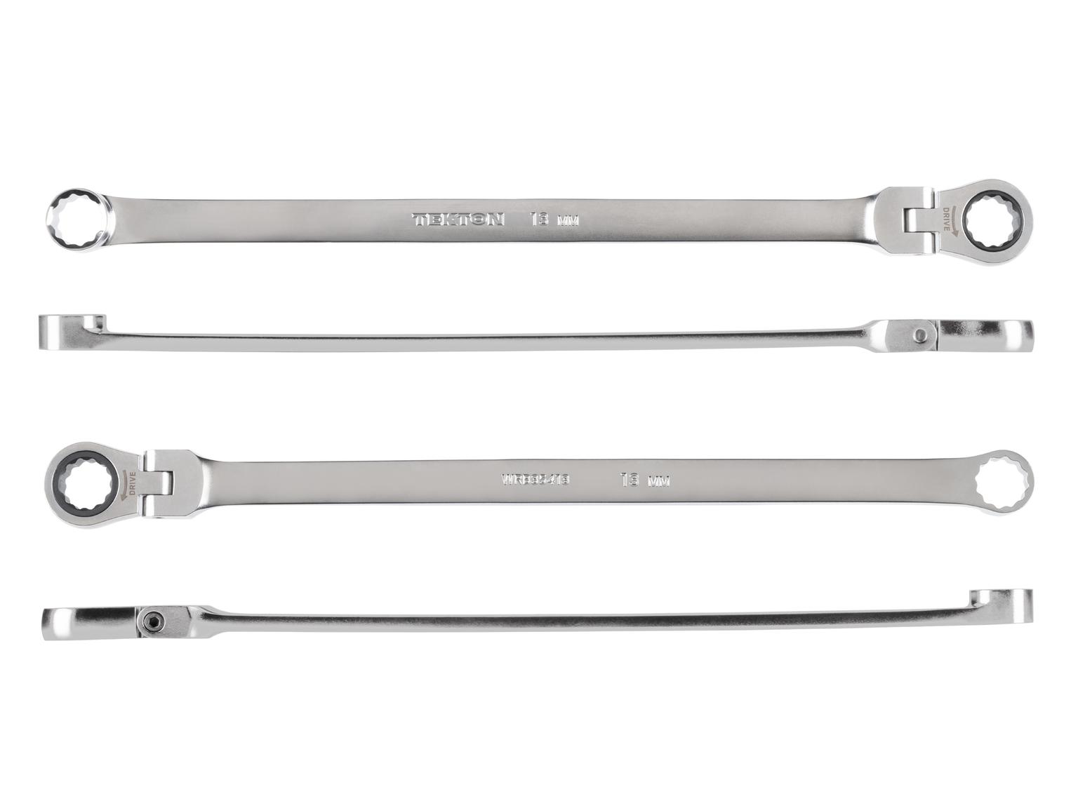 Side view of Tekton 13 millimeter ratcheting box end wrench set. Item #WRB35413