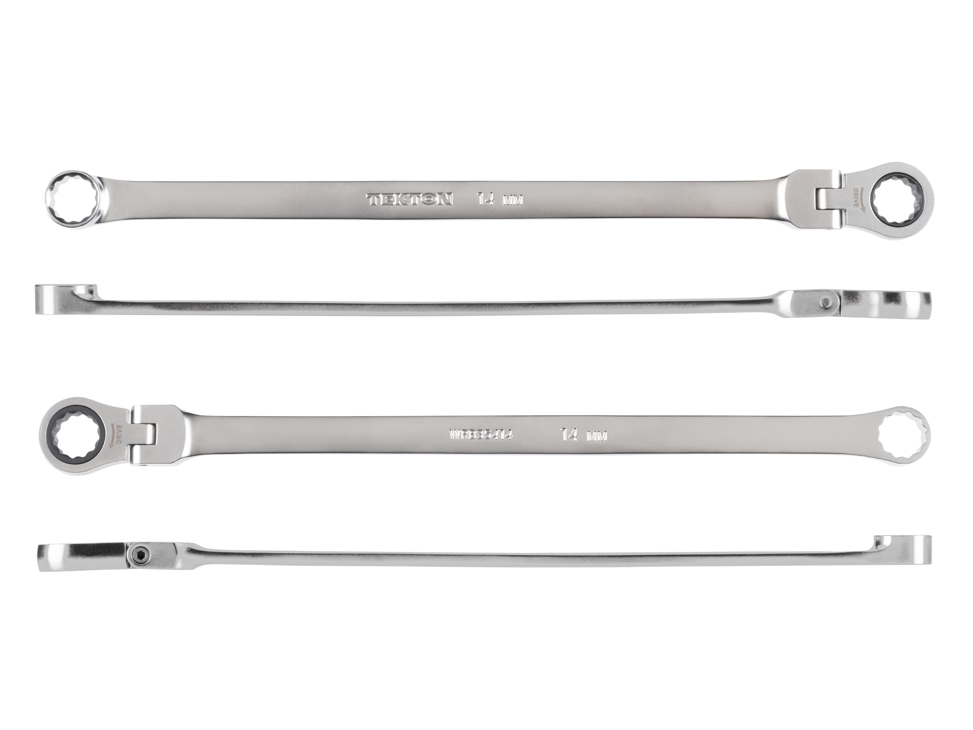 Side view of Tekton 14 millimeter ratcheting box end wrench set. Item #WRB35414