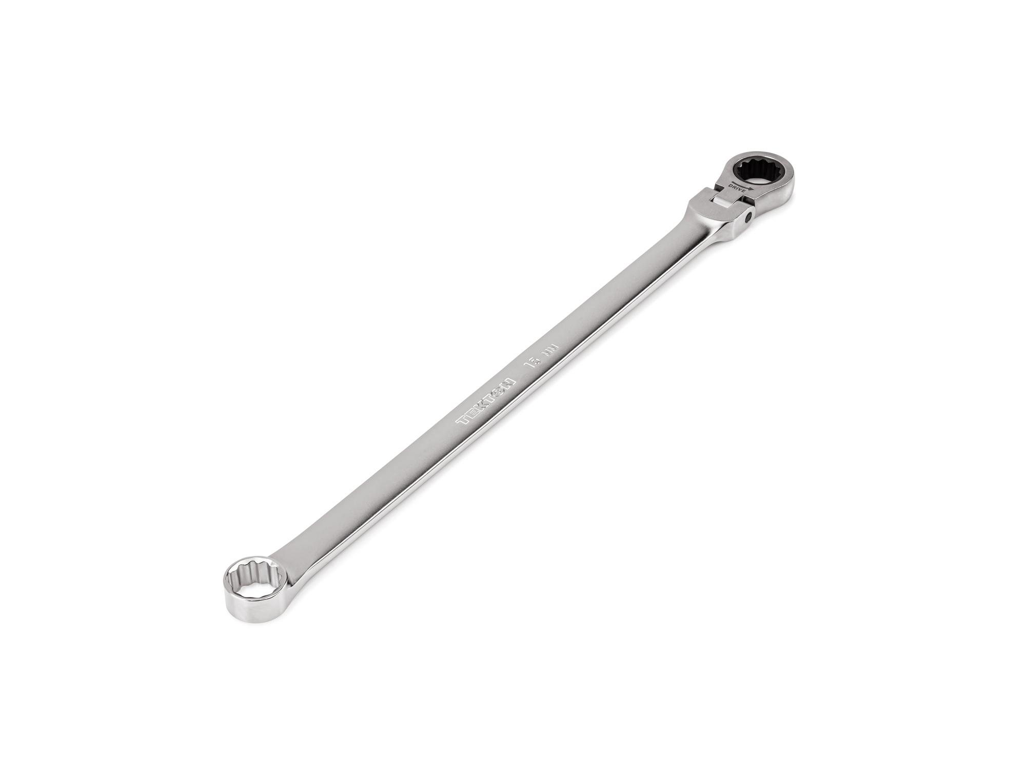 Front-right angle view of Tekton ratcheting box end wrench. Item #WRB35415