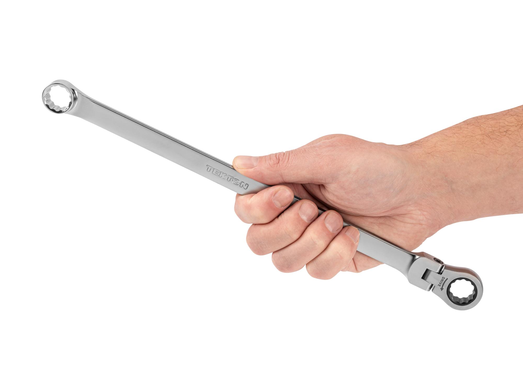 Person holding Tekton ratcheting box end wrench. Item #WRB35415