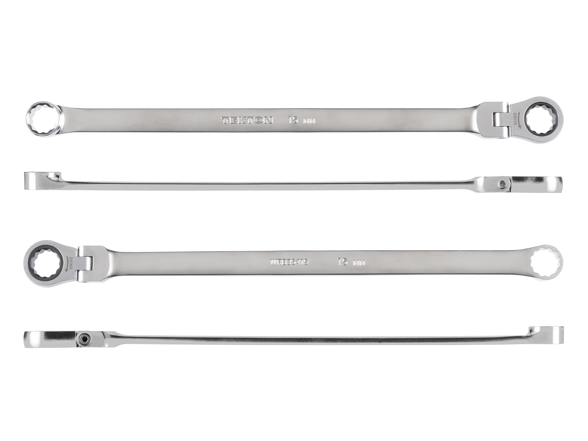 Side view of Tekton 15 millimeter ratcheting box end wrench set. Item #WRB35415
