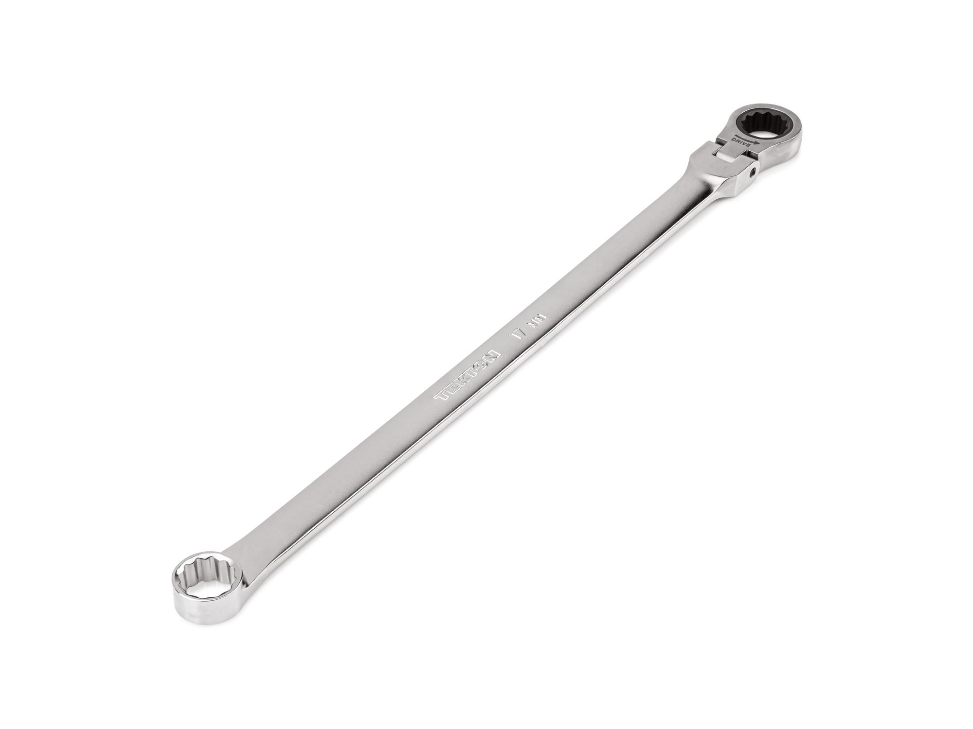Front-right angle view of Tekton ratcheting box end wrench. Item #WRB35417