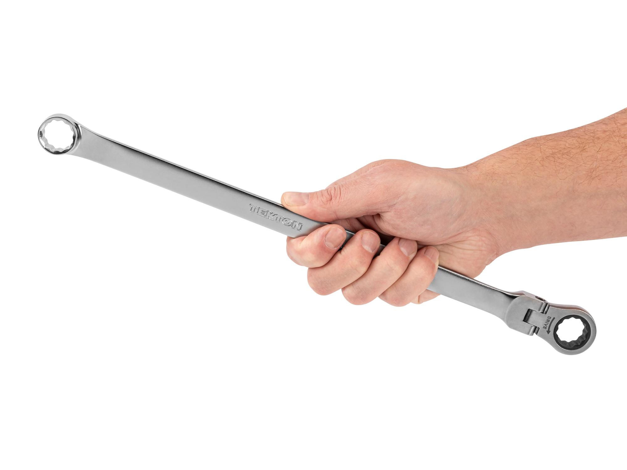 Person holding Tekton ratcheting box end wrench. Item #WRB35417