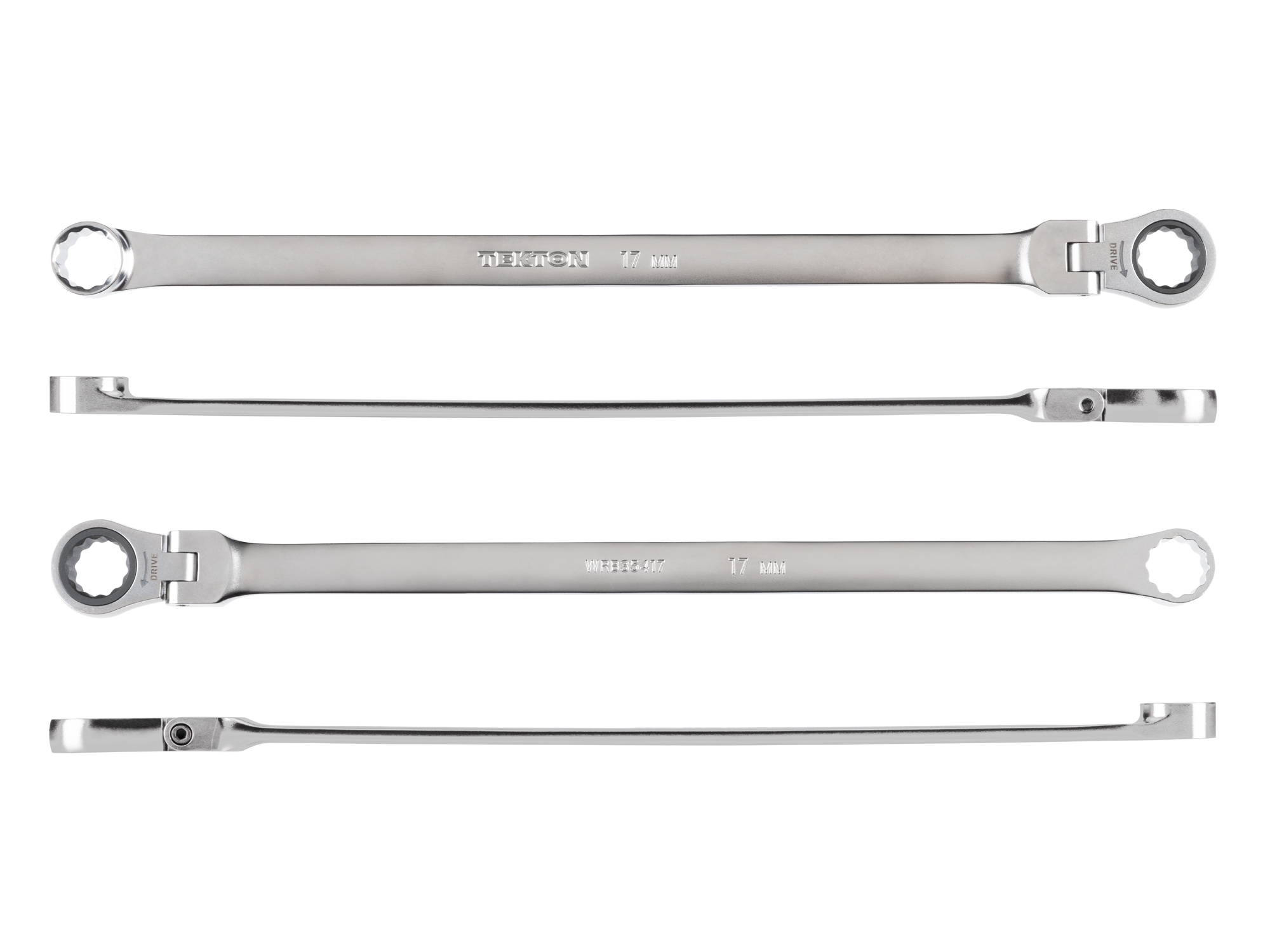 Side view of Tekton 17 millimeter ratcheting box end wrench set. Item #WRB35417