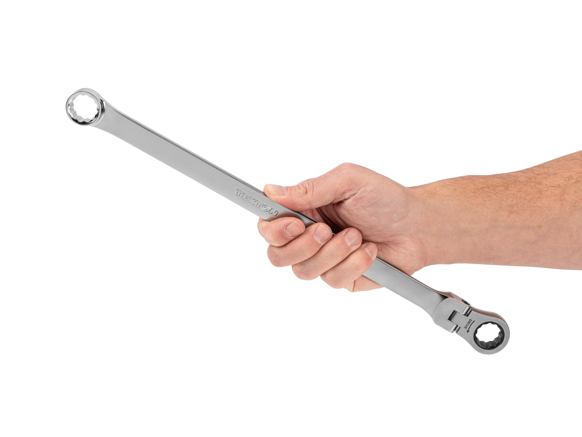 Person holding Tekton ratcheting box end wrench. Item #WRB35418